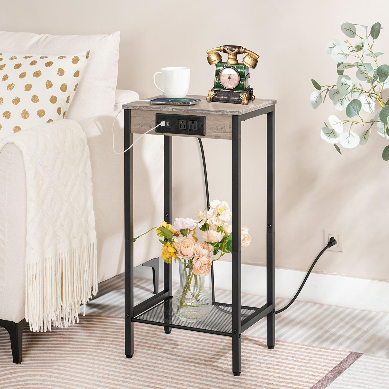 HOOBRO Tall Side Table with Charging Station, 28.7" H Industrial Telephone End Table, Tall Nightstand for Living Room, Hallway, Bedroom, Office, Greige BG08UDH01