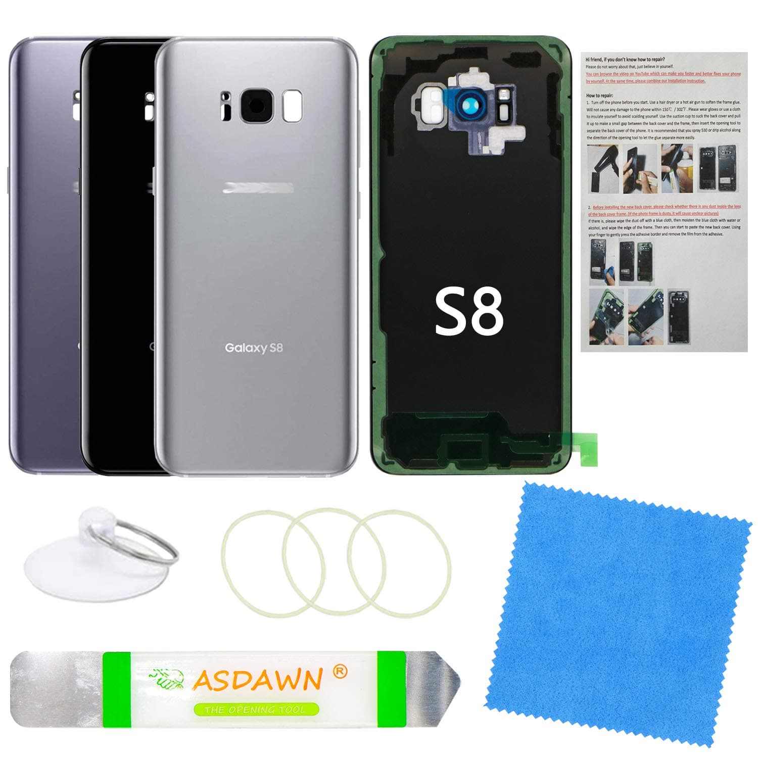 Galaxy S8 Replacement Back Glass Panel Case with Installation Manual + Pre-Installed Camera Lens + Repair Tool Kit for Samsung Galaxy S8 SM-G950 All Carriers (Arctic Silver)