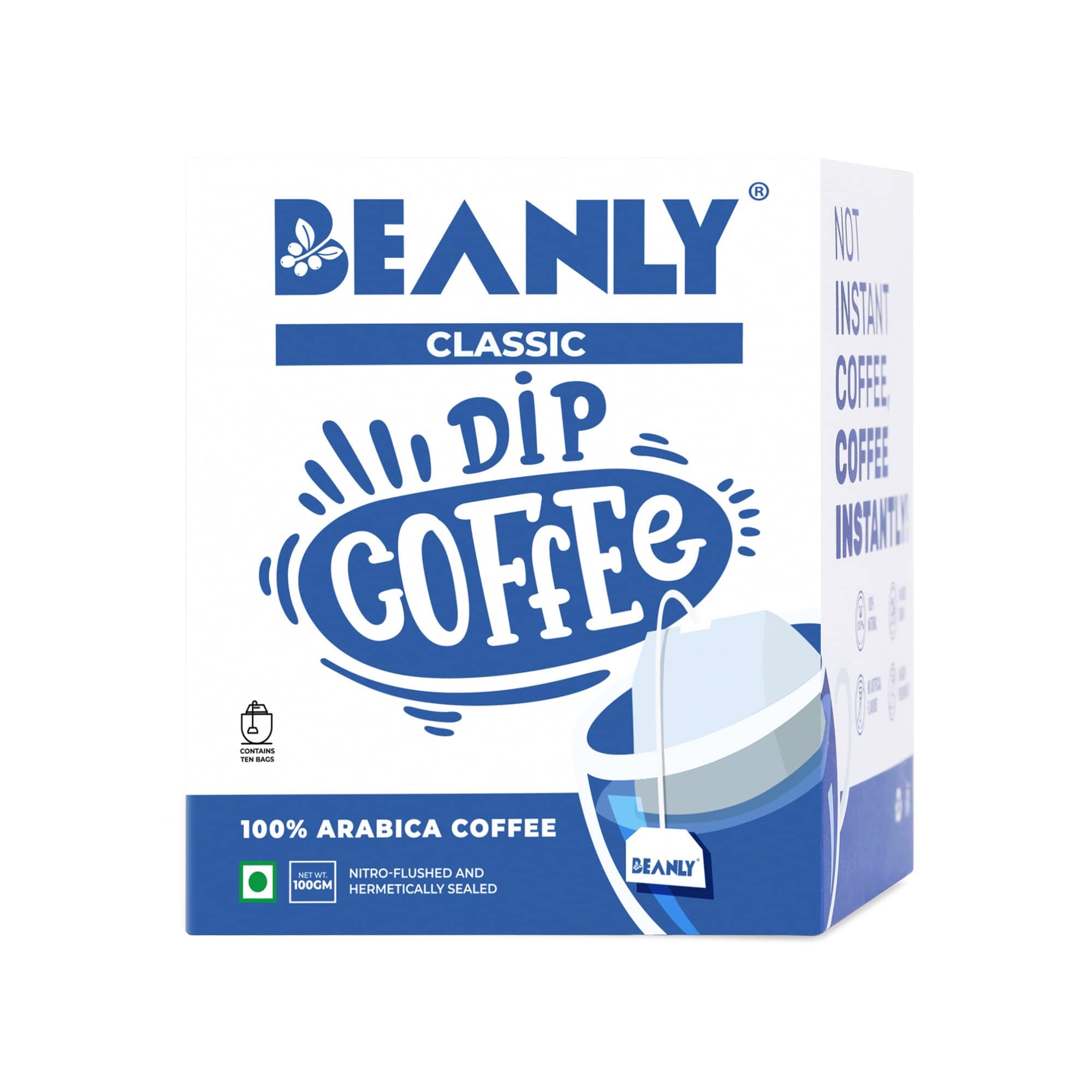 Beanly Classic Roast Ground Coffee Dip Bags | 10 Bags - Makes 10 Cups | Hot Brew - Have it as Black Coffee or With Milk | 5 Min Brew - No Equipment Needed | Travel Pack | Medium Roast | 100% Arabica