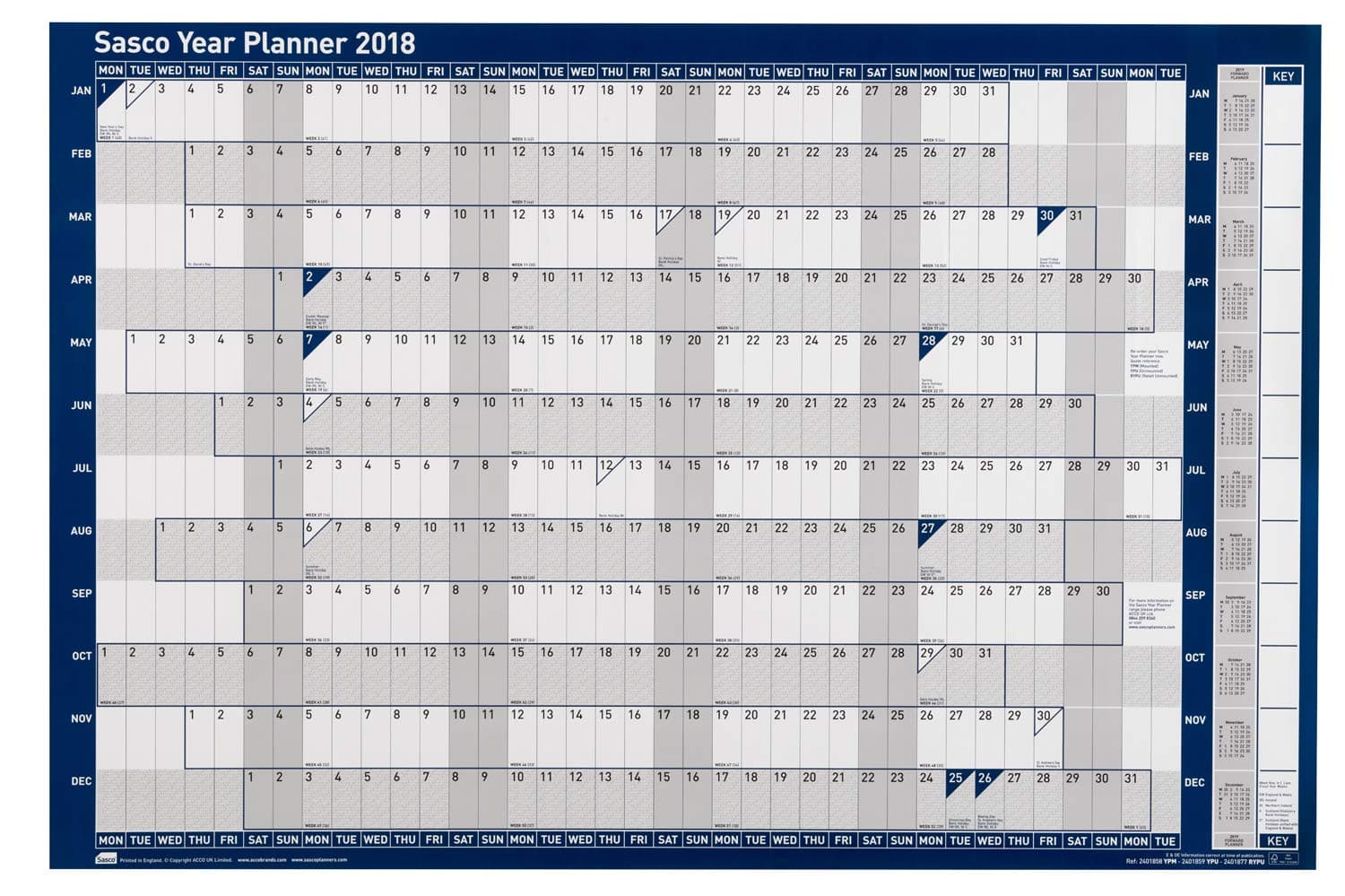 Sasco 2018 Poster Style A1 Wall Planner with Sticker Pack, Wet Wipe Marker Pen & Pen Clip (W915 x H610mm)