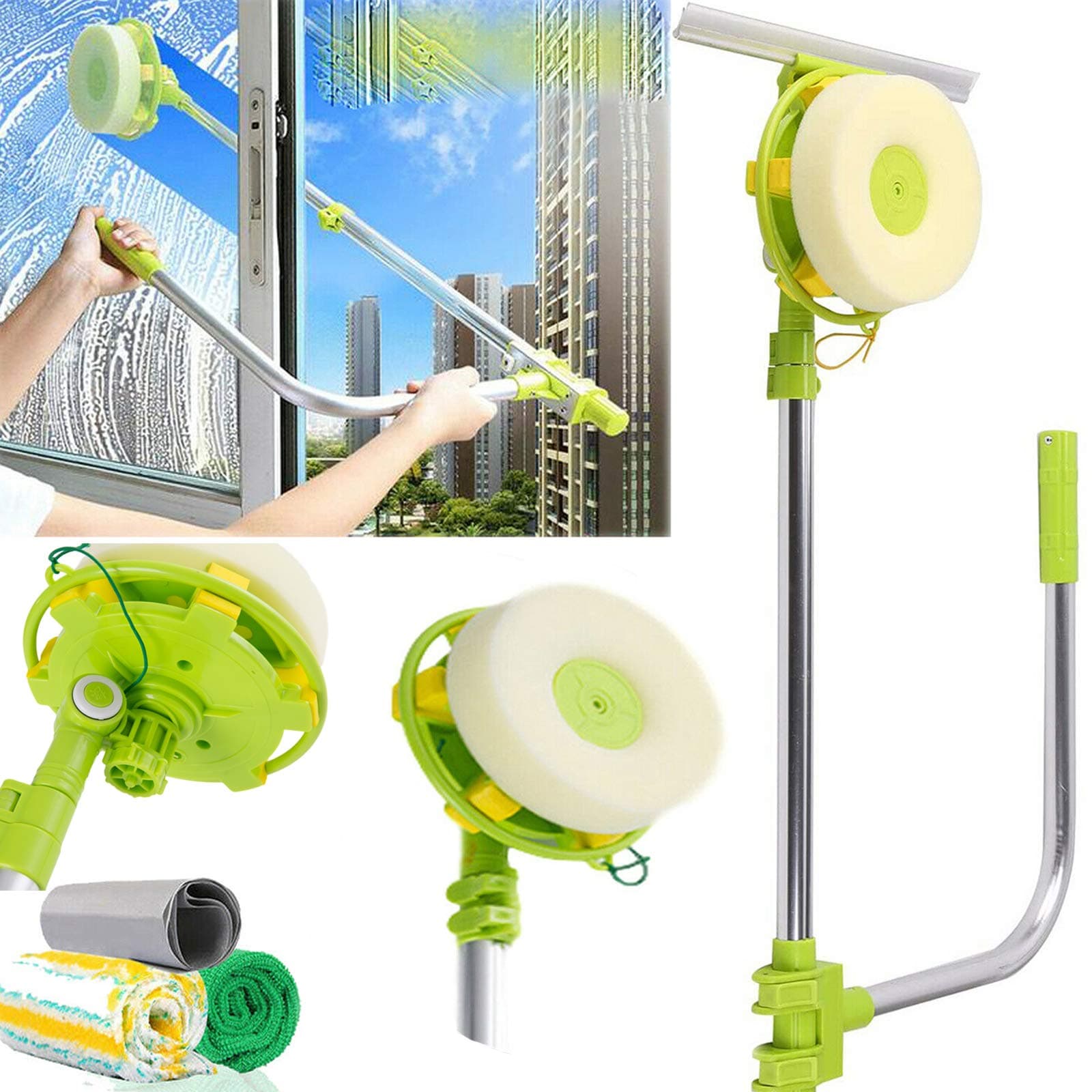 Extendable Window Squeegee with Rotating Head, High Rise Window Cleaner, 0.6-1.4M Extension Pole, 2-in-1 Sponge Squeegee Telescopic Window Cleaning Equipment, Long Handle Extendable Cleaner