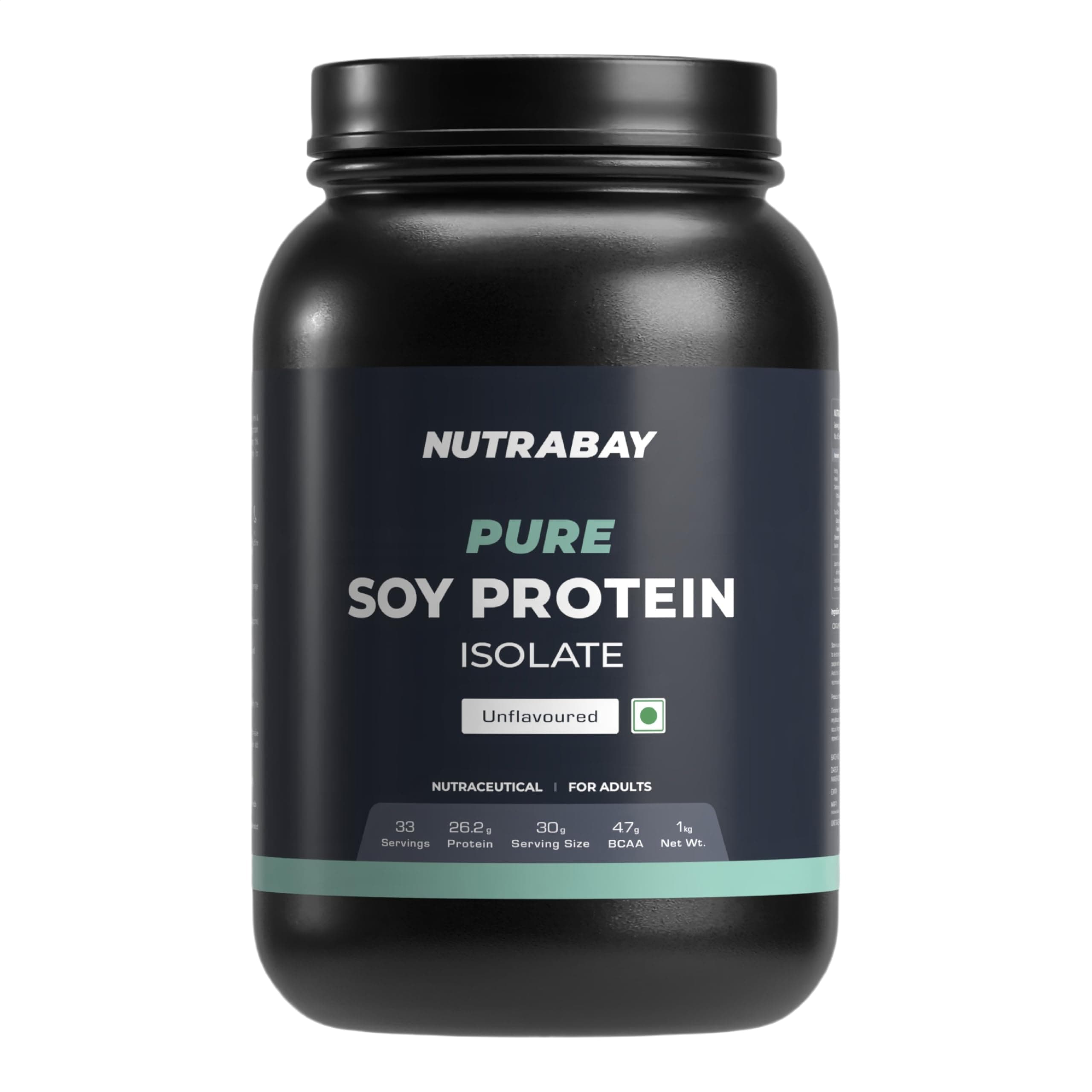 Nutrabay Pure Soy Protein Isolate Powder 26.2g Protein, 4.7g BCAA per Serving, NABL Lab Tested – Easy to Digest, No Added Sugar, Vegan – 1kg, Unflavoured | 100% Authentic & Clean Protein