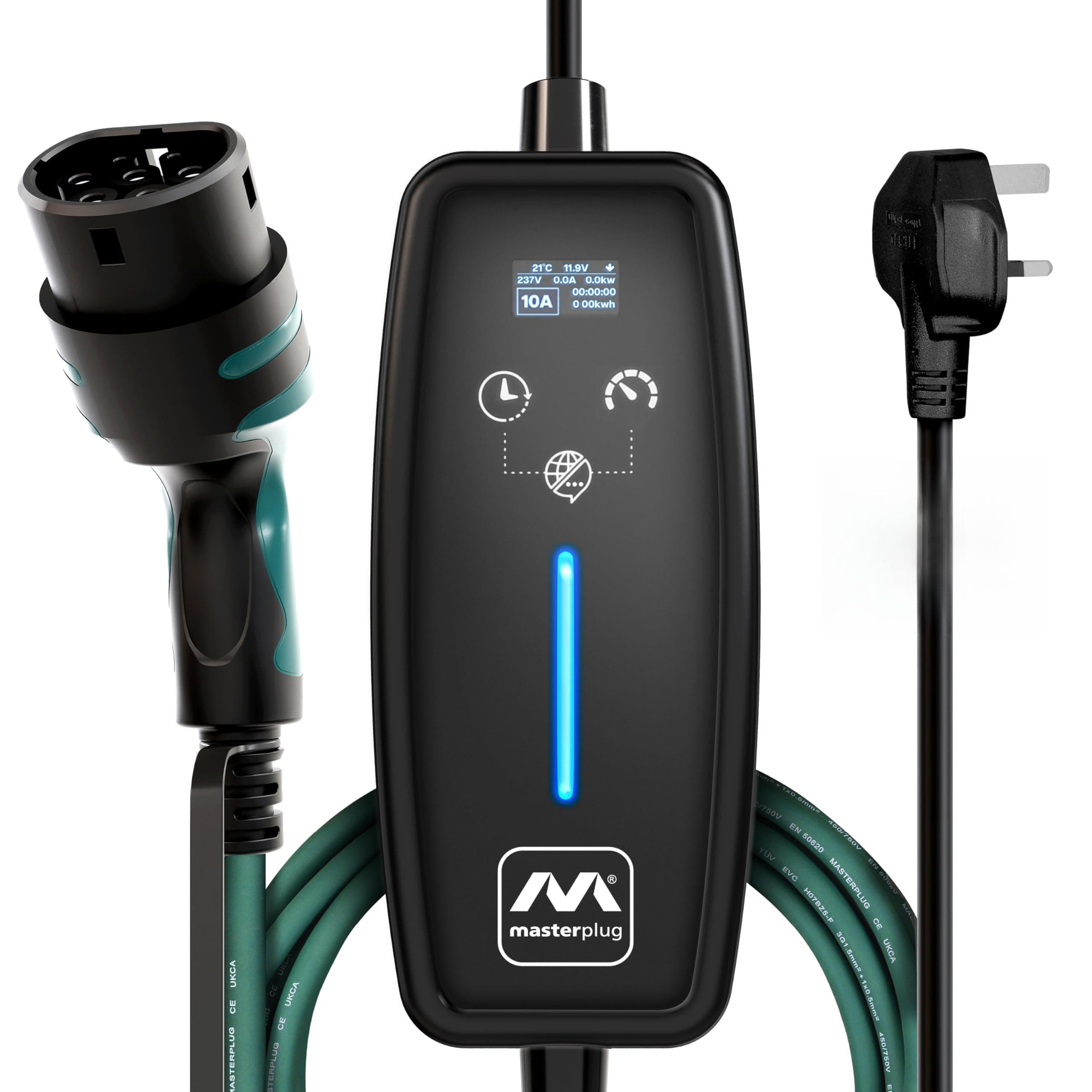 Masterplug EV Charging Cable for Electric and Hybrid Vehicles, 10 Metres, Mode 2, Delay Charging Function, 3 Pin UK Plug to Type 2 Car Charger, Language Options, 2.4kW, EVCM221010-MP2