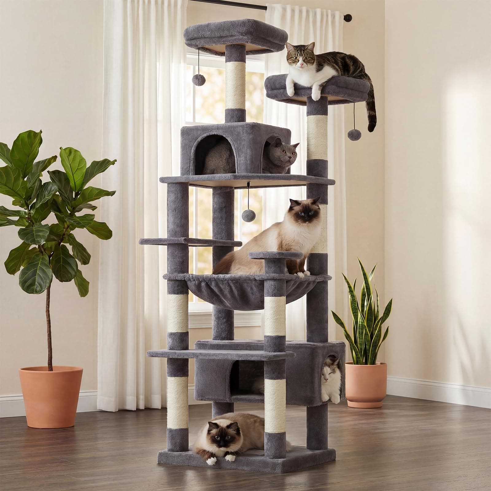 PAWZ Road Large Cat Tree, 72 Inches Cat Tower for Large Cats, Cat Condo with Sisal-Covered Scratching Posts and Pads, 2 Padded Perch, Dual Condo and Basket for Indoor Cats-Dark Gray