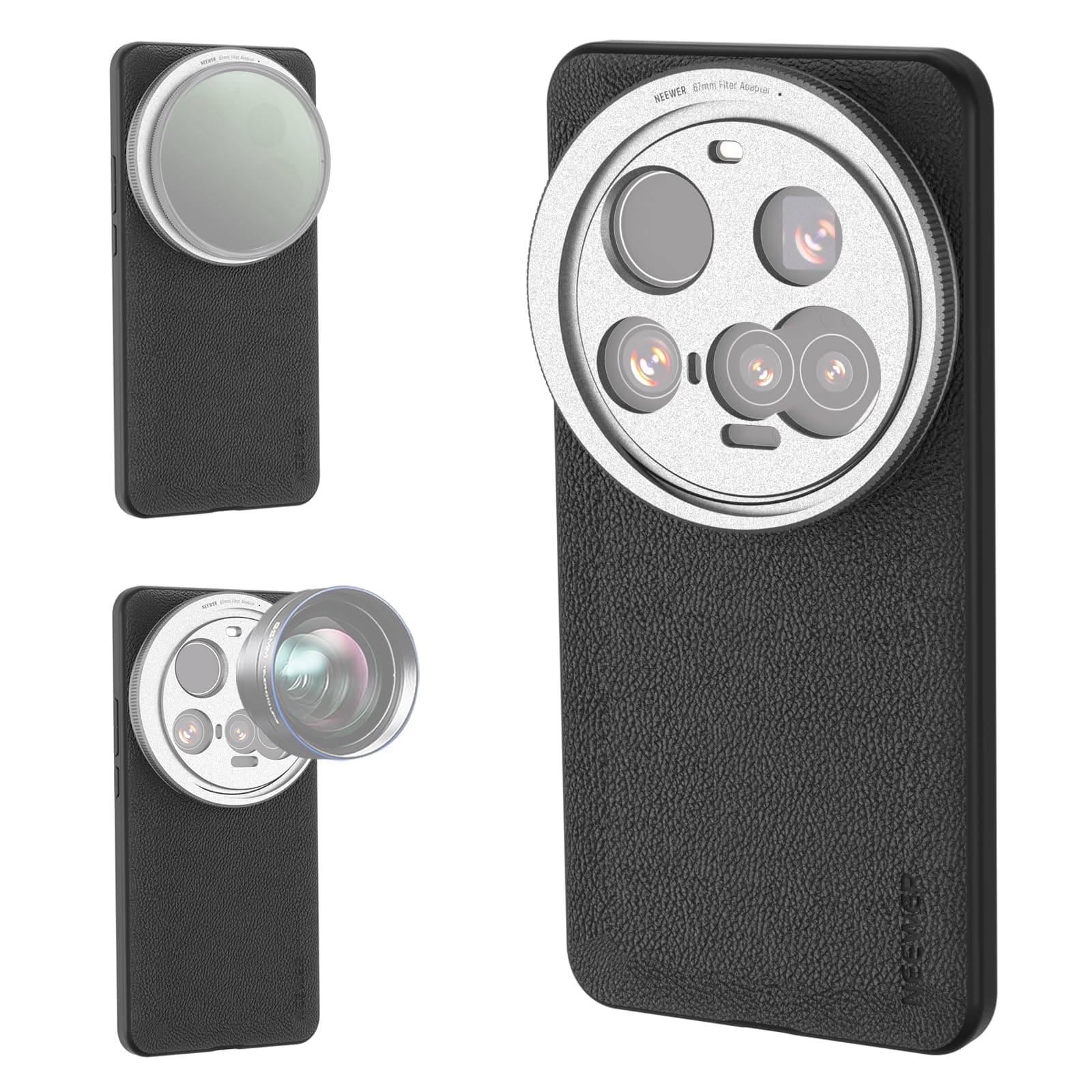 NEEWER 15 Ultra Case, Protective Phone Case Compatible with Xiaomi 15 Ultra, Heavy Duty TPU + PC Faux Leather with 17mm Lens Mounts & 67mm Filter Adapter for Wireless Charging, PA101 Black + Silver