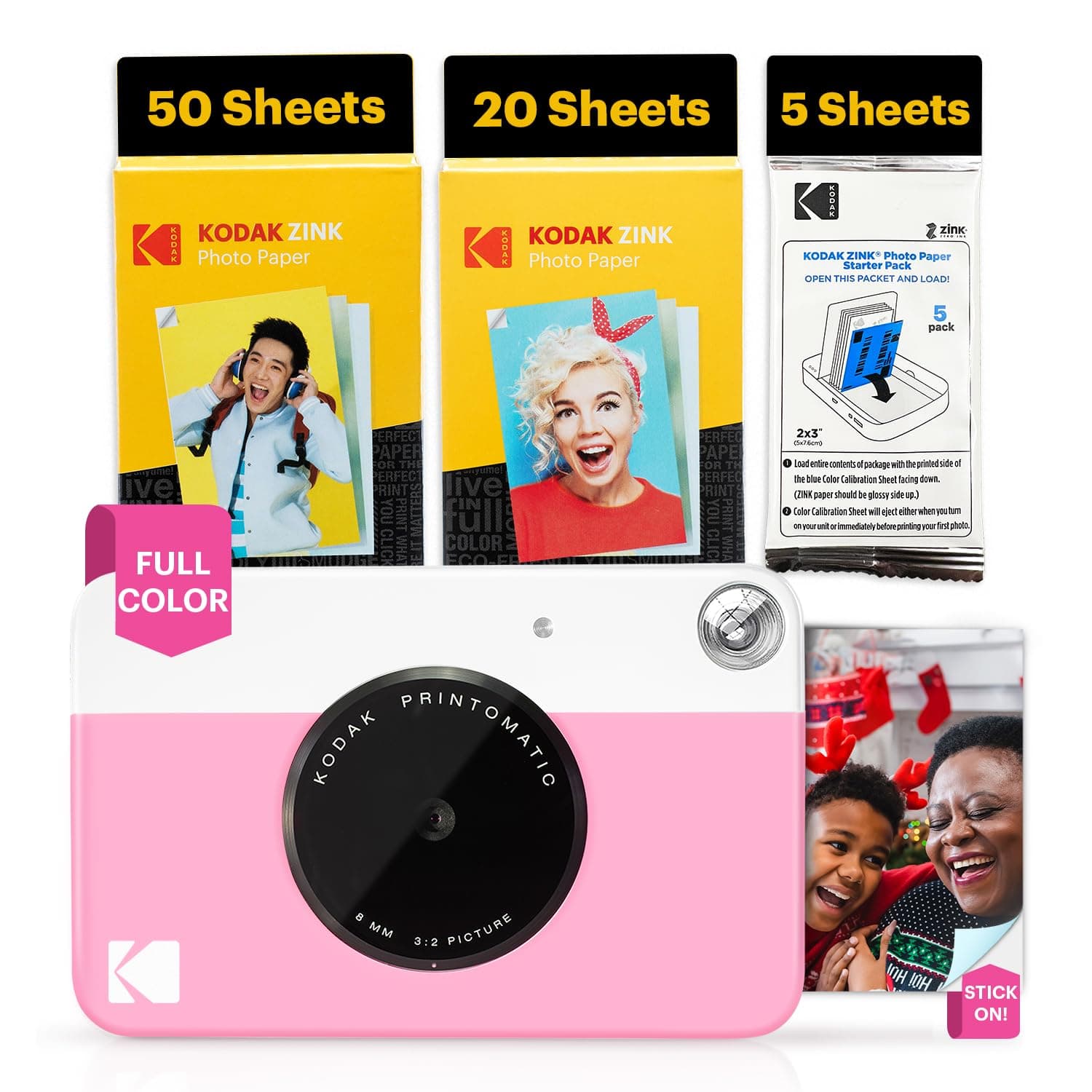 KODAK Printomatic Full-Color Instant Print Digital Camera - 75 Sheets BUNDLE - Prints On Zink 2x3" Sticky-Back Photo Paper - 5MP, Portable, Creative Fun Gift for Birthday, Christmas, Holiday - Pink