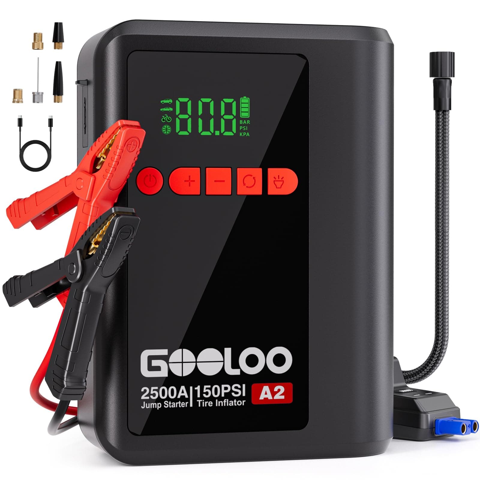 A2 8-in-1 Jump Starter with Air Compressor, Car Battery Booster (Up to 8L Gas/6L Diesel) 150 PSI Cordless Auto-Shutoff Tire Inflator, 12V Supersafe Lithium Jump Box with Jumper Cables