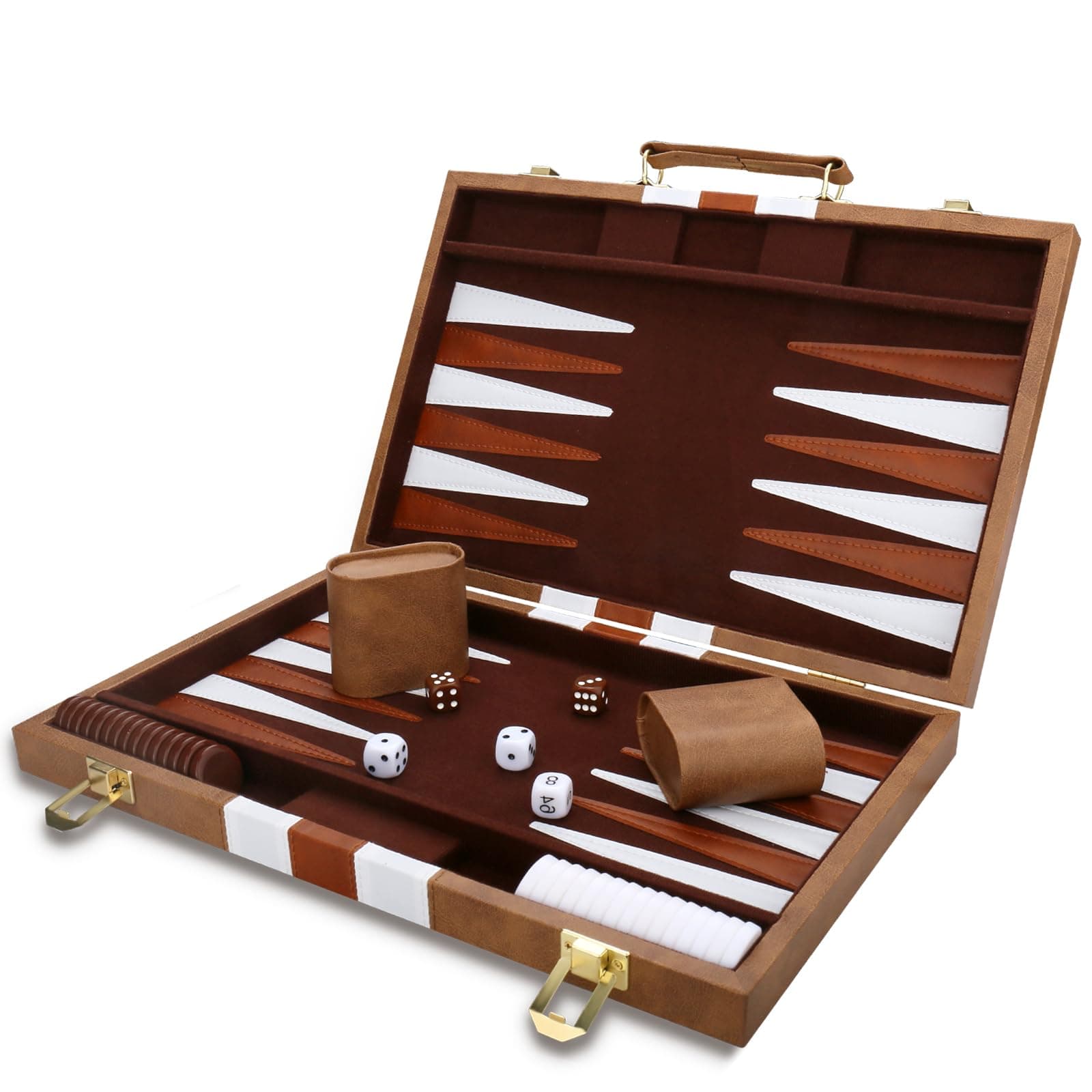 Backgammon Set - Classic Board Game with Premium Leather Case - Portable Travel Strategy Backgammon Game Set for Adults, Kids (15inch, Khaki)
