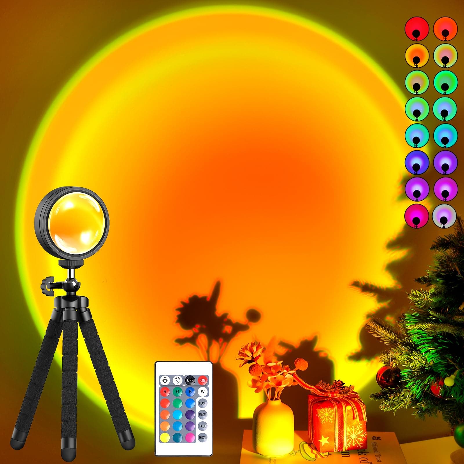 Balkwan Sunset Lamp with Projection Rotation, Rainbow Romantic LED Projection Lamp, Red Light with USB Modern Floor Stand for Living Room Bedroom (16 Colors)