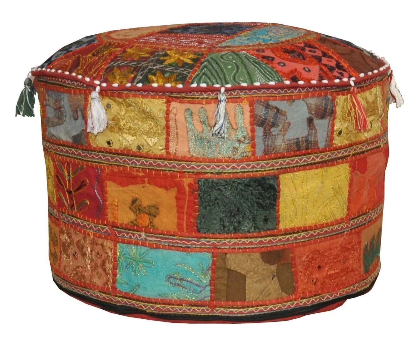 Indian Traditional Home Decorative Ottoman Handmade and Patchwork Foot Stool Floor Cushion, 46 X 33 Cm Pouf Ottoman Footstool Cover Indian Round Ottoman Stool Pouf Pillow, Ethnic Embroidered Indian Patchwork Ottoman Pouf Cover, Indian Living Room Pouf, Round Ottoman Stool Pouf, Ethnic Embroidered Pouf Indian Pouf Stool Vintage Patchwork Embellished With Patchwork Living Room Ottoman Cover, 46 X 33 Cm by Online By Bazar