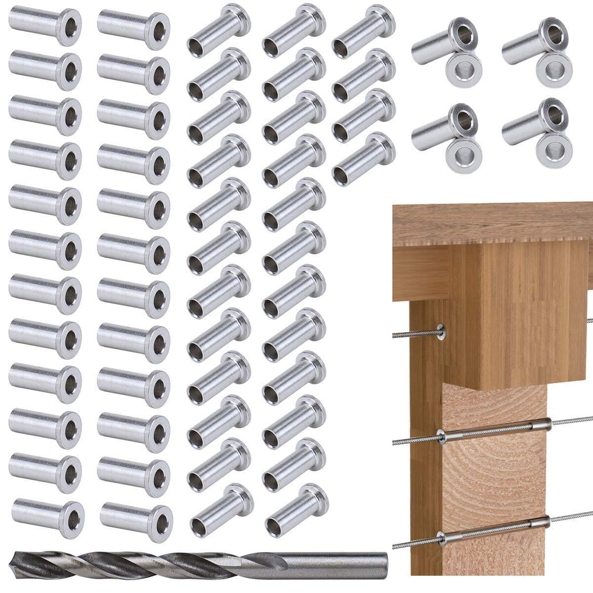 Muzata 60Pack Cable Railing Kit Protective Protector Sleeves Grommet for Wood Posts for 1/8" 5/32" 3/16" Wire Rope T316 Stainless Steel Cable Deck Hardware CR88