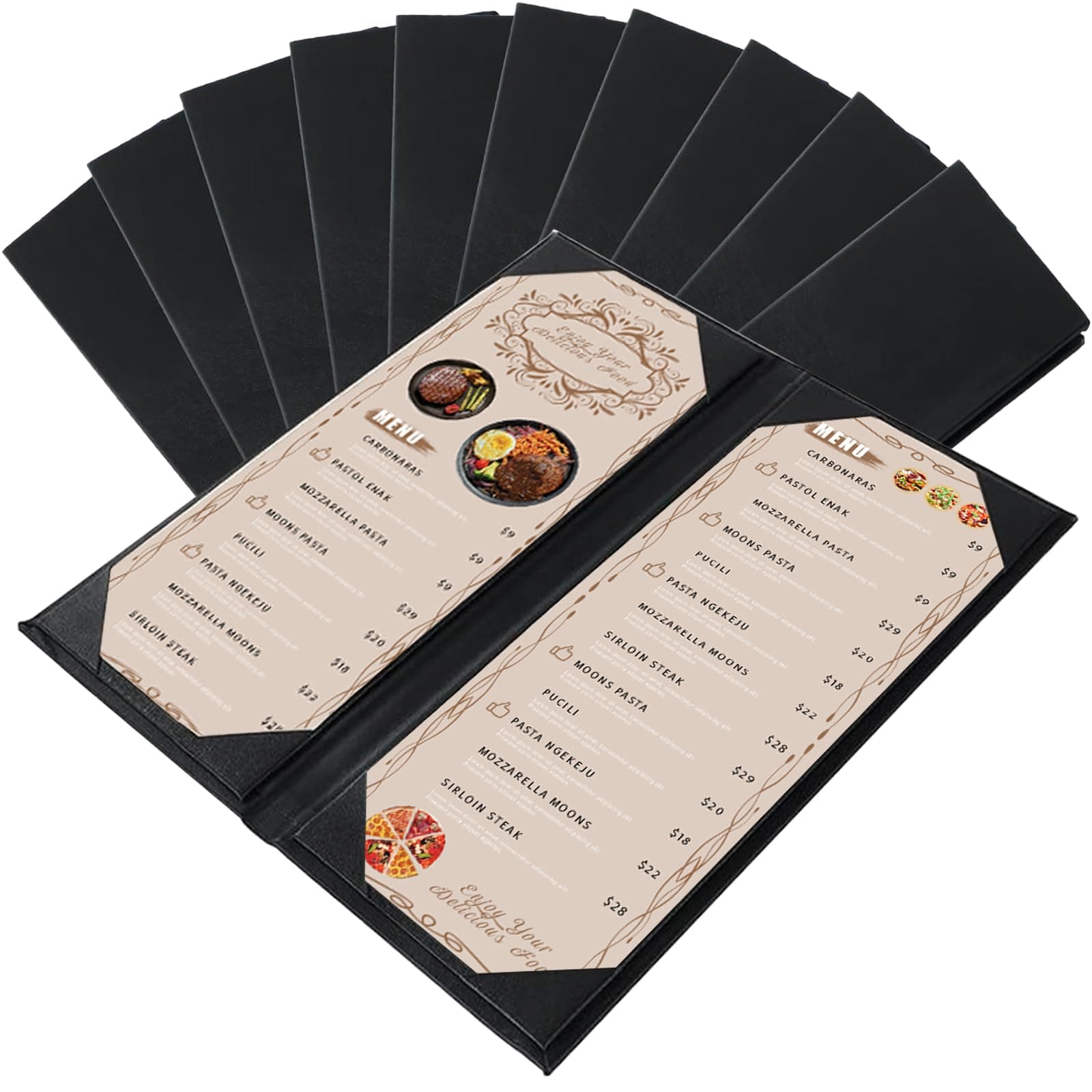Restaurant Menu Covers Holders 4.25" x 11" | Pack of 10 Synthetic Leather Double Fold Panels 2 View Angled Corners Black for Wine List, Drinks (10, Double Fold Panels 2 View (4.25 x 11 inch))