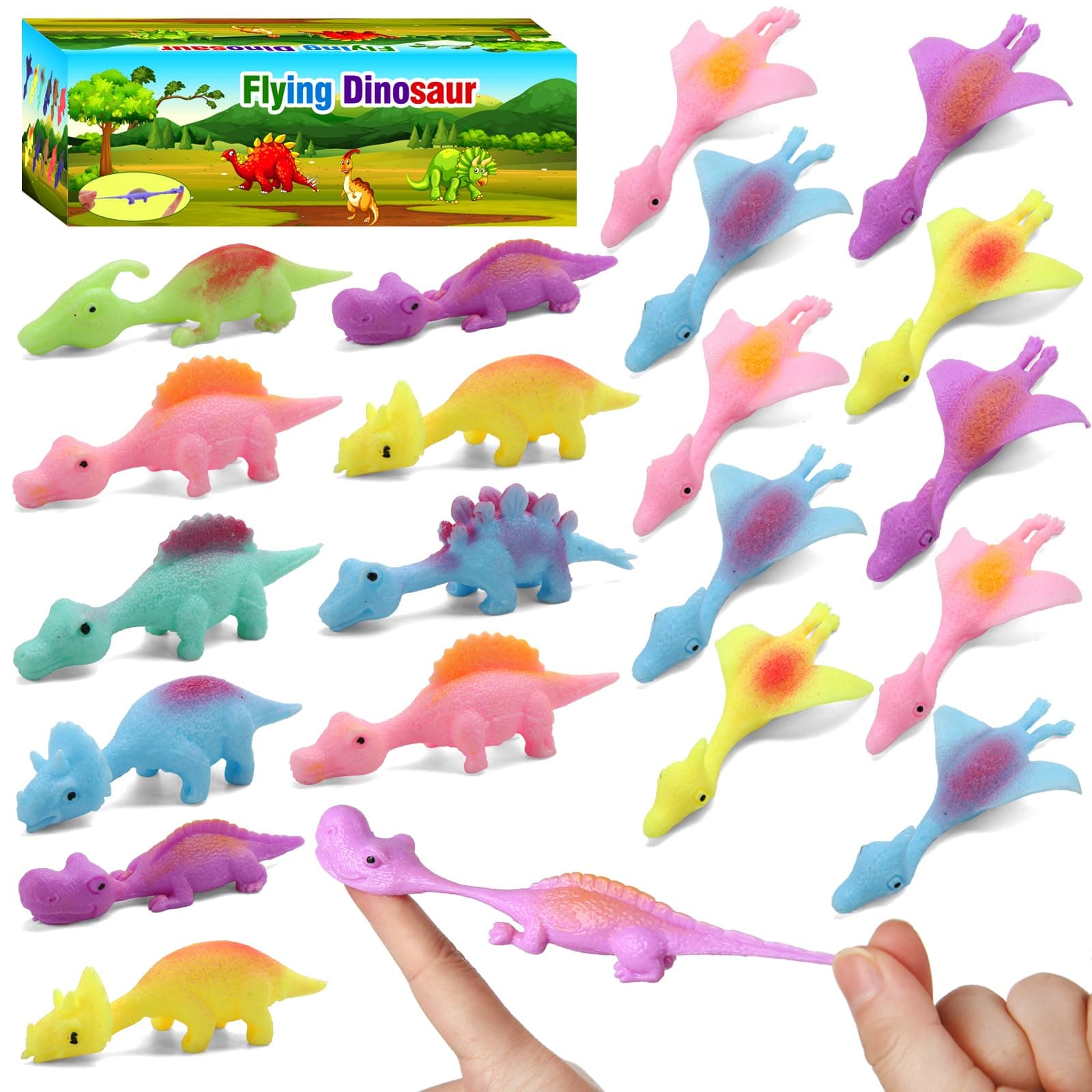 Easter Egg Stuffers-20 Pcs Slingshot Dinosaur Finger Toys, Easter Egg Fillers Classroom Gifts Flying Dinosaur Party Favors for Kids,Sticky Rubber Dino Fidget Toys, Funny Gag Gifts for Boys Girls