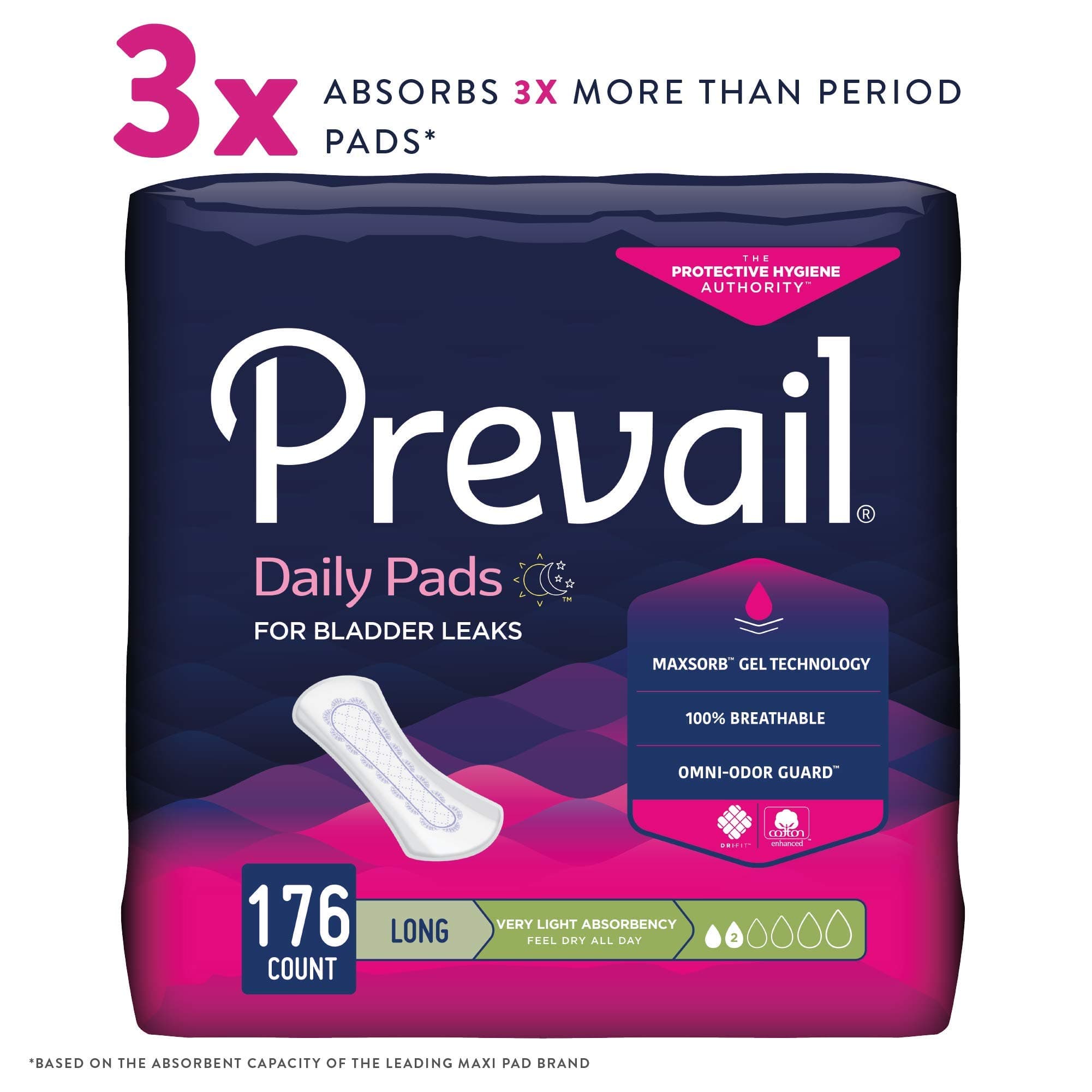 Prevail Proven - Prevail Incontinence Bladder Control Pads - Bladder Leak Pads - Very Light Absorbency, Long, 176 Count (4 Packs of 44)