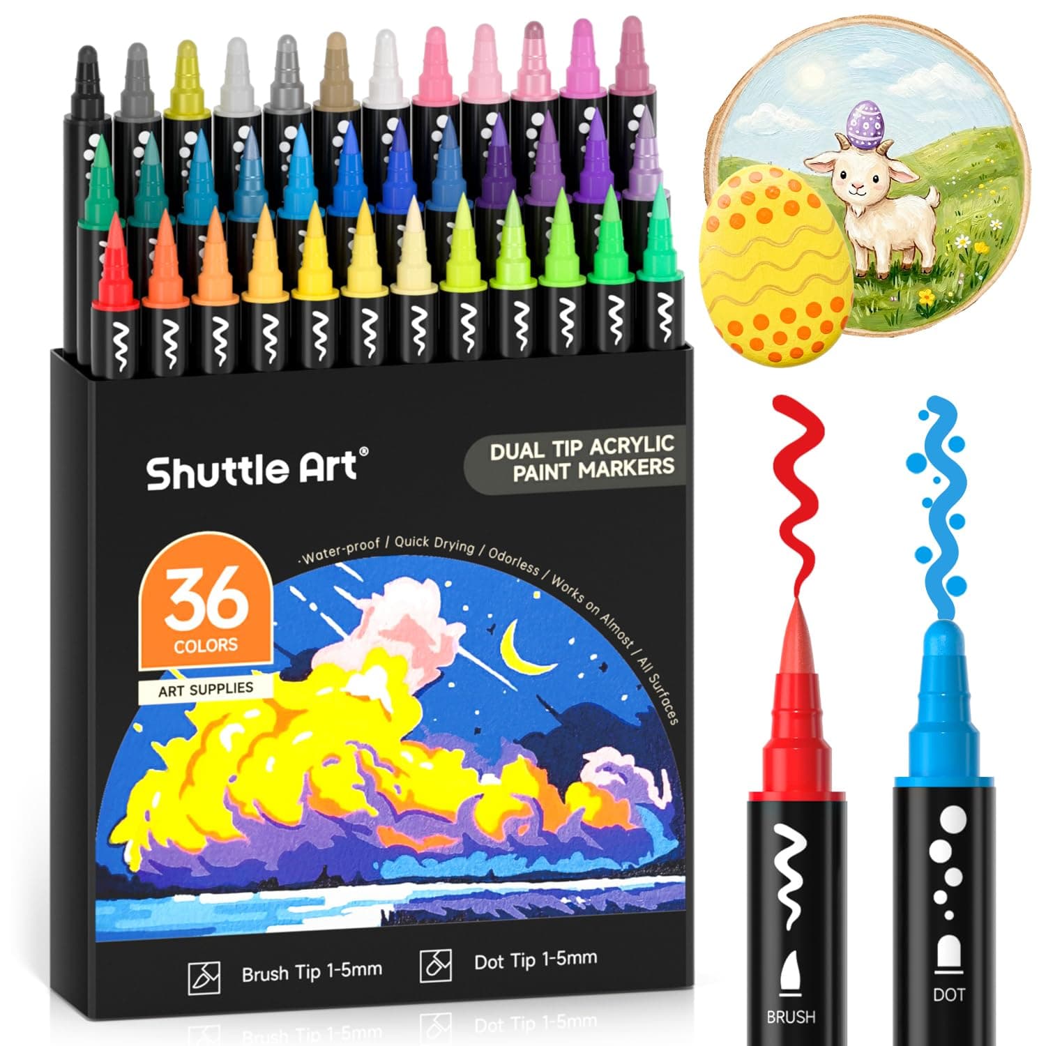 Shuttle Art Dual Tip Acrylic Paint Pens, 36 Colours Dot & Brush Paint Marker Pens, Paint Pens for Rock Painting, Ceramic, Wood, Fabric, Glass, Art Marker Pen Set for Kids Adults on Christmas Easter