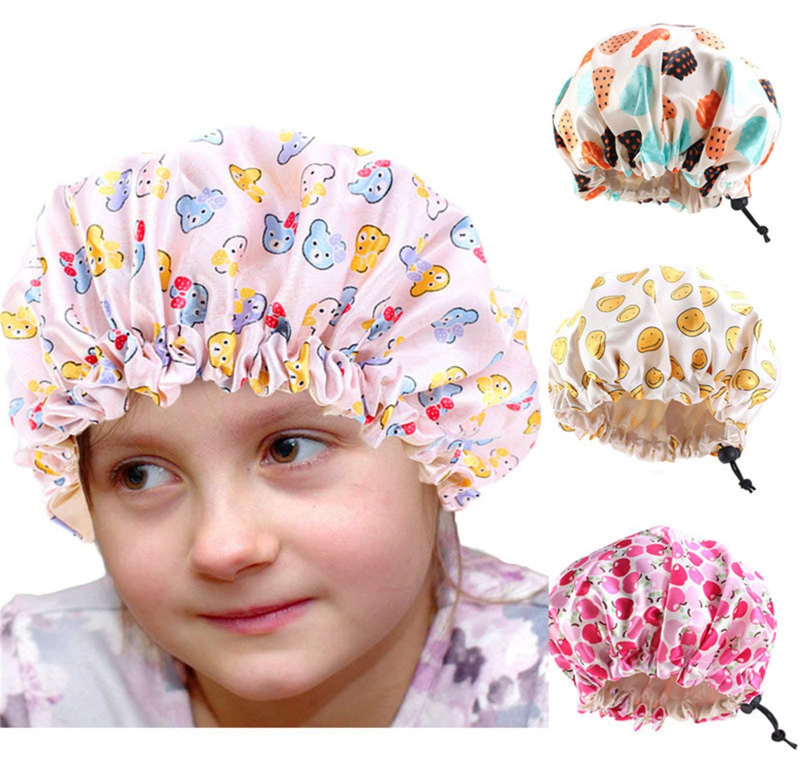 Kids Silky Satin Bonnet Double Layer Adjustable Flower Sleep Cap Girl Night Turban Children Solid Headwear Cute Hat