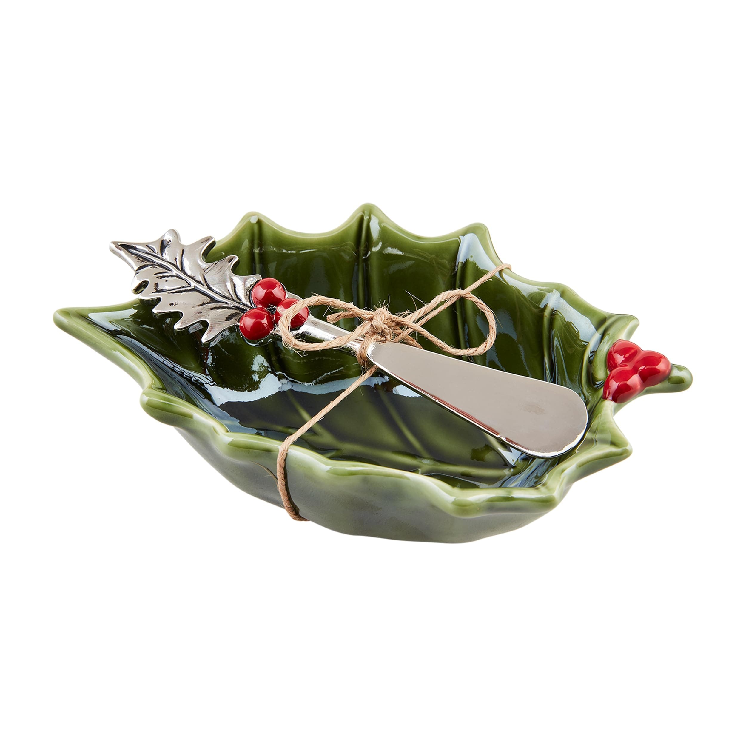 Mud PieHolly Tidbit Set, bowl 2 1/2" x 5 3/4" | spreader 5 1/2", GREEN