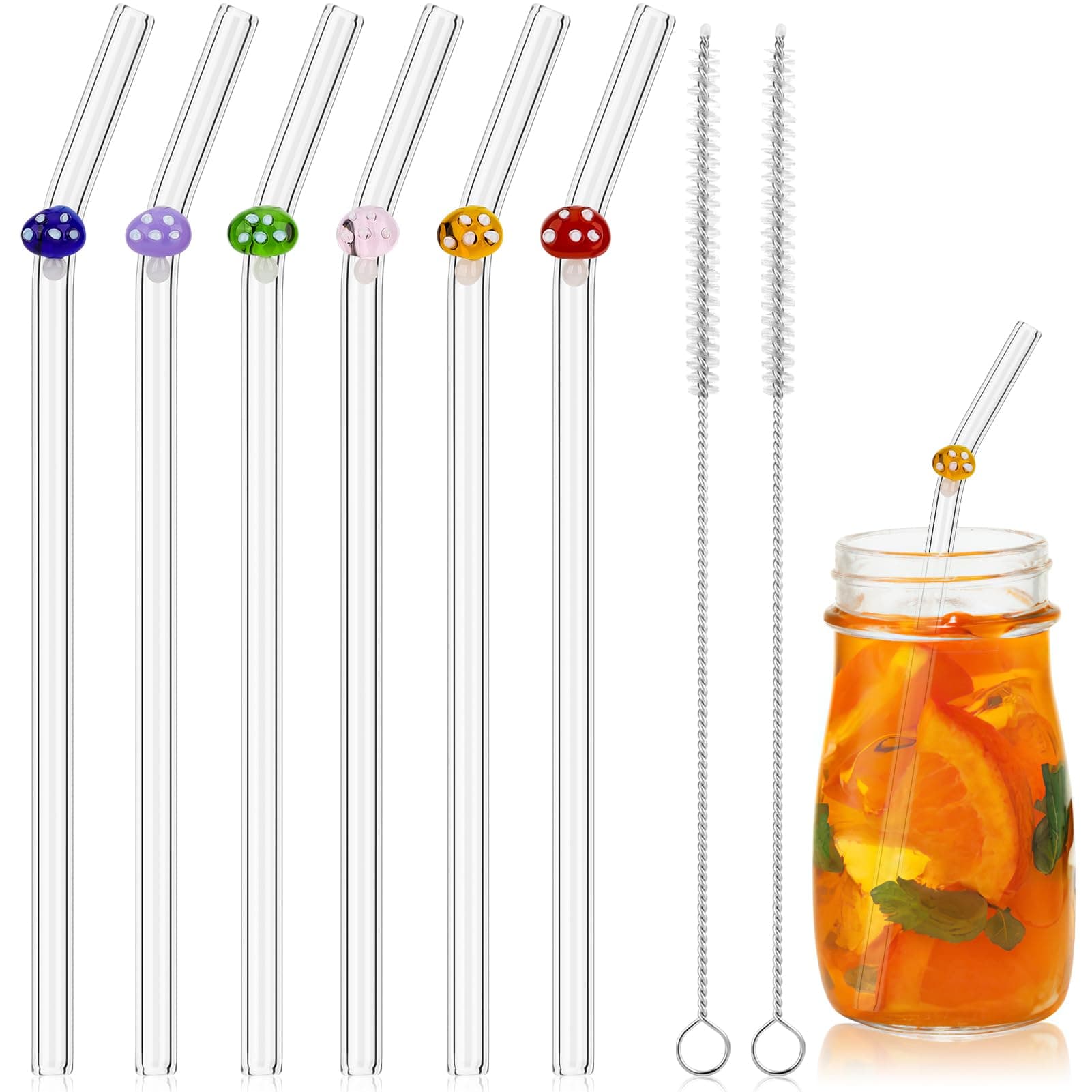 Glass Straws 6pcs with Mushrooms