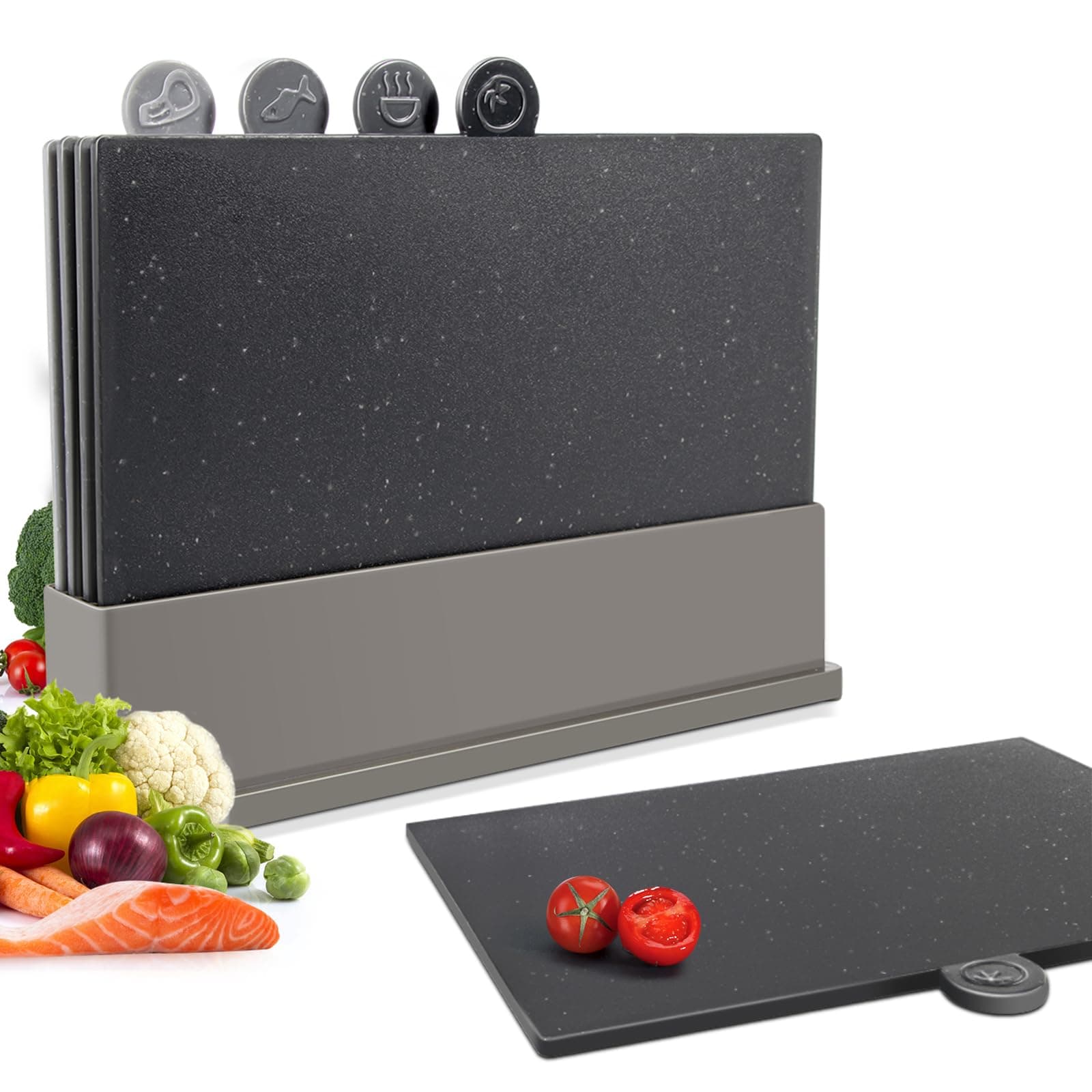Chopping Board Set, 4pcs Index Cutting Board with Stand & Food Icons, Plastic Chopping Board Set for Kitchens, BPA-Free, Dishwasher Safe, 31.5 x 21.5 cm