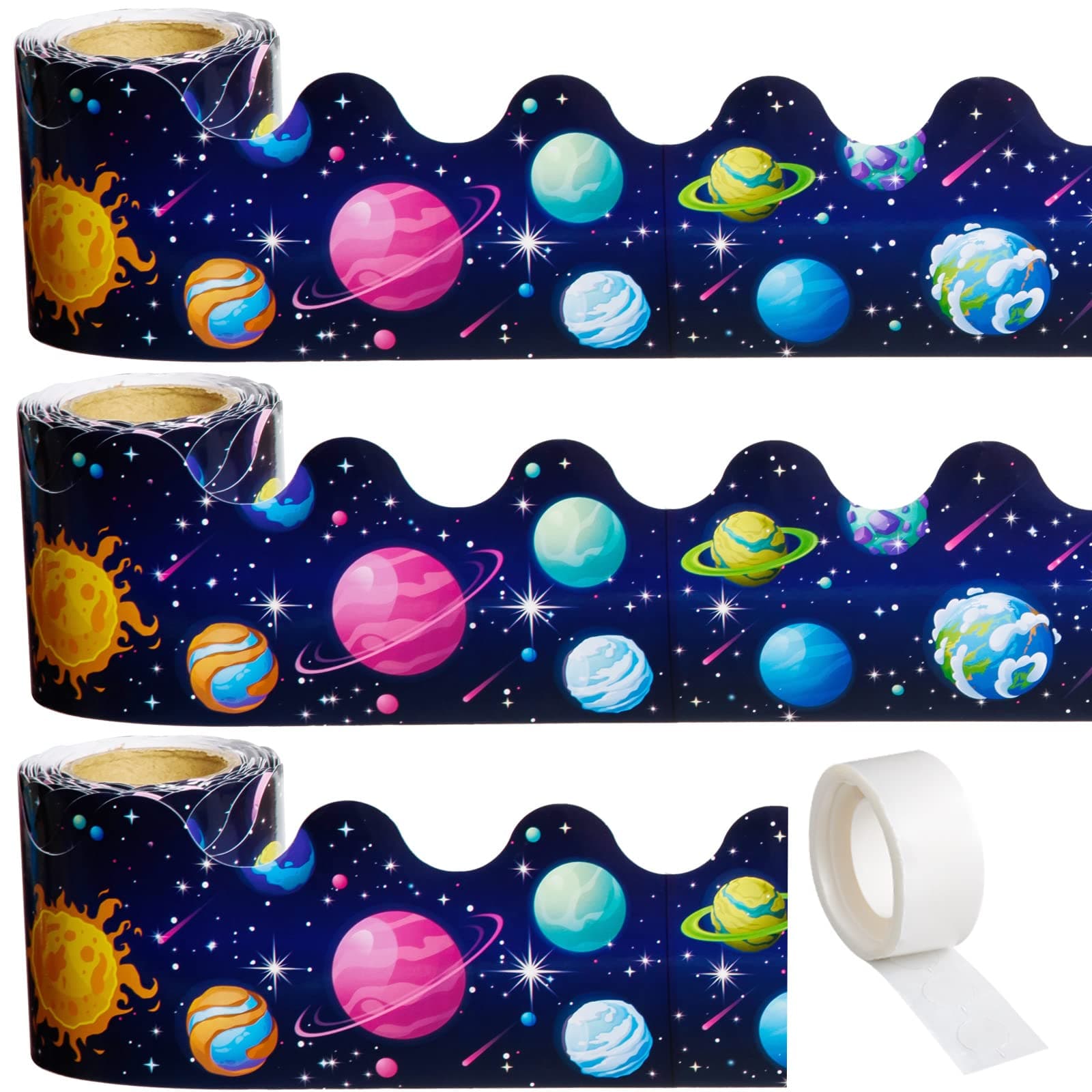 99 Feet Galaxy Bulletin Board Border, 3 Rolls Outer Space Scalloped Borders Trim Night Sky Classroom Bulletin Board Border Trim for Back to School Chalkboard Whiteboard Decorations