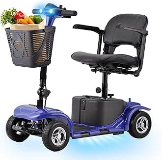 Mobility Scooter for Seniors, Adults, 4 Wheels Removable Electric Powered Chargeable Device, Foldable and Portable, with LED Headlights and Basket, Charger Include(Blue/Black)