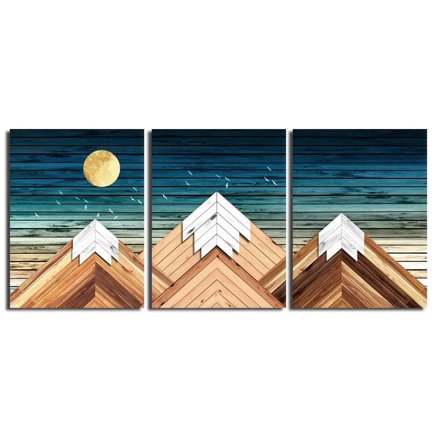 Geometric Mountain Canvas Wall Art for Office Bedroom,Rustic Wall Decor for Living Room Blue Sky Mountain Pictures on Canvas Prints,3 Piece Framed Rustic Home Decor Artwork