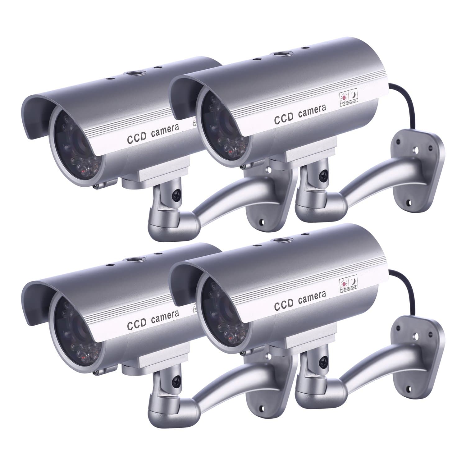 4 x Fake Dummy Camera IDAODAN Realistic Security CCTV Surveillance for Outdoor Use with Flashing LED Light Bullet Shape Silver