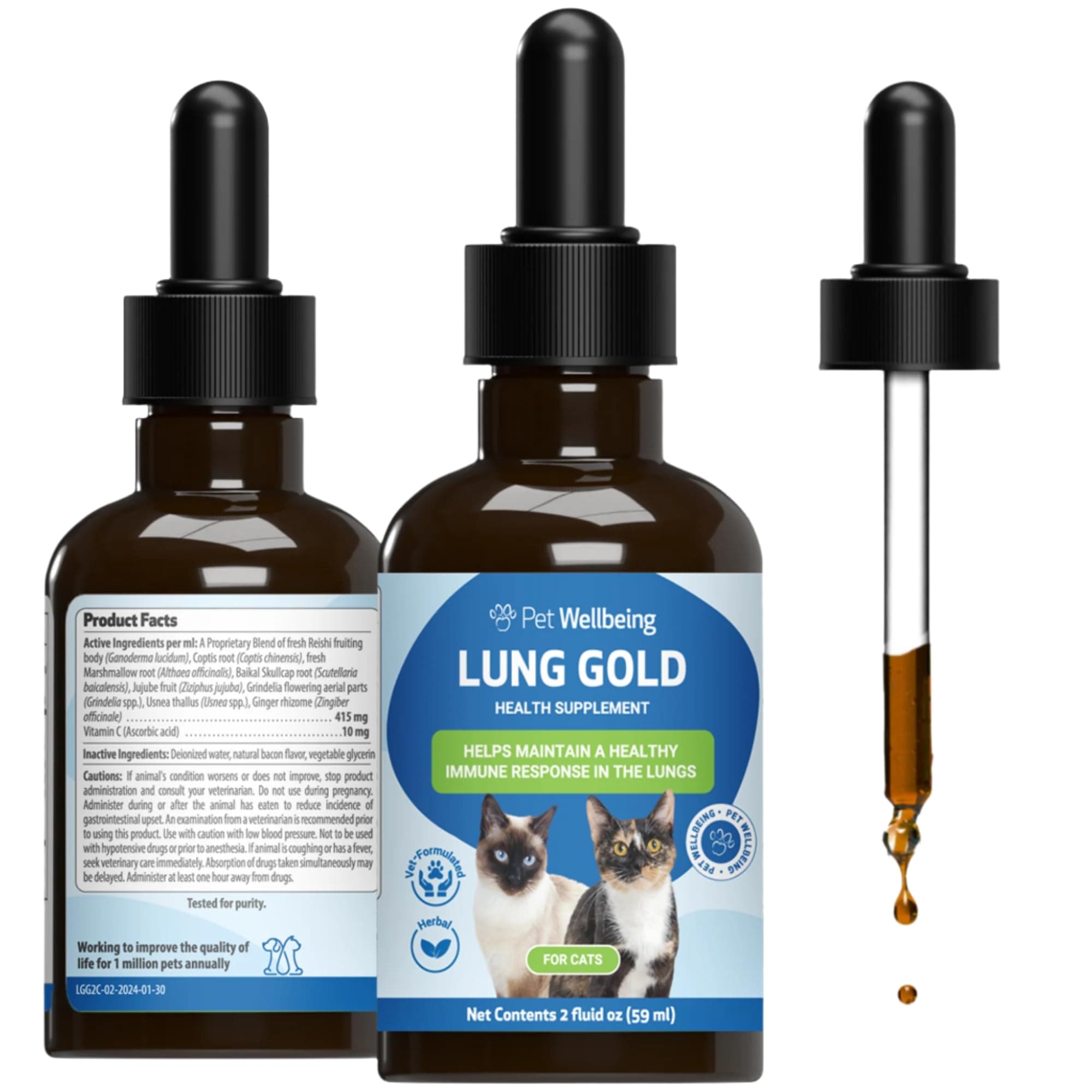 Lung Gold for Cats - Lung Immune Support, Lower Respiratory Health, Open Airways, Normal Breathing, Reishi, Coptis - Veterinarian-Formulated Herbal Supplement - 2 oz (59 ml)