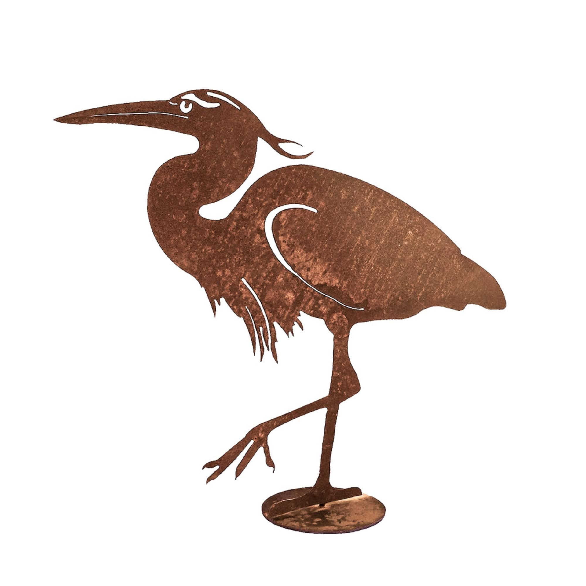 CH803 Metal Rusty Bird Blue Heron Silhouette on Base, Rustic Look Artwork, 14 Inch Tall, Brownish Red