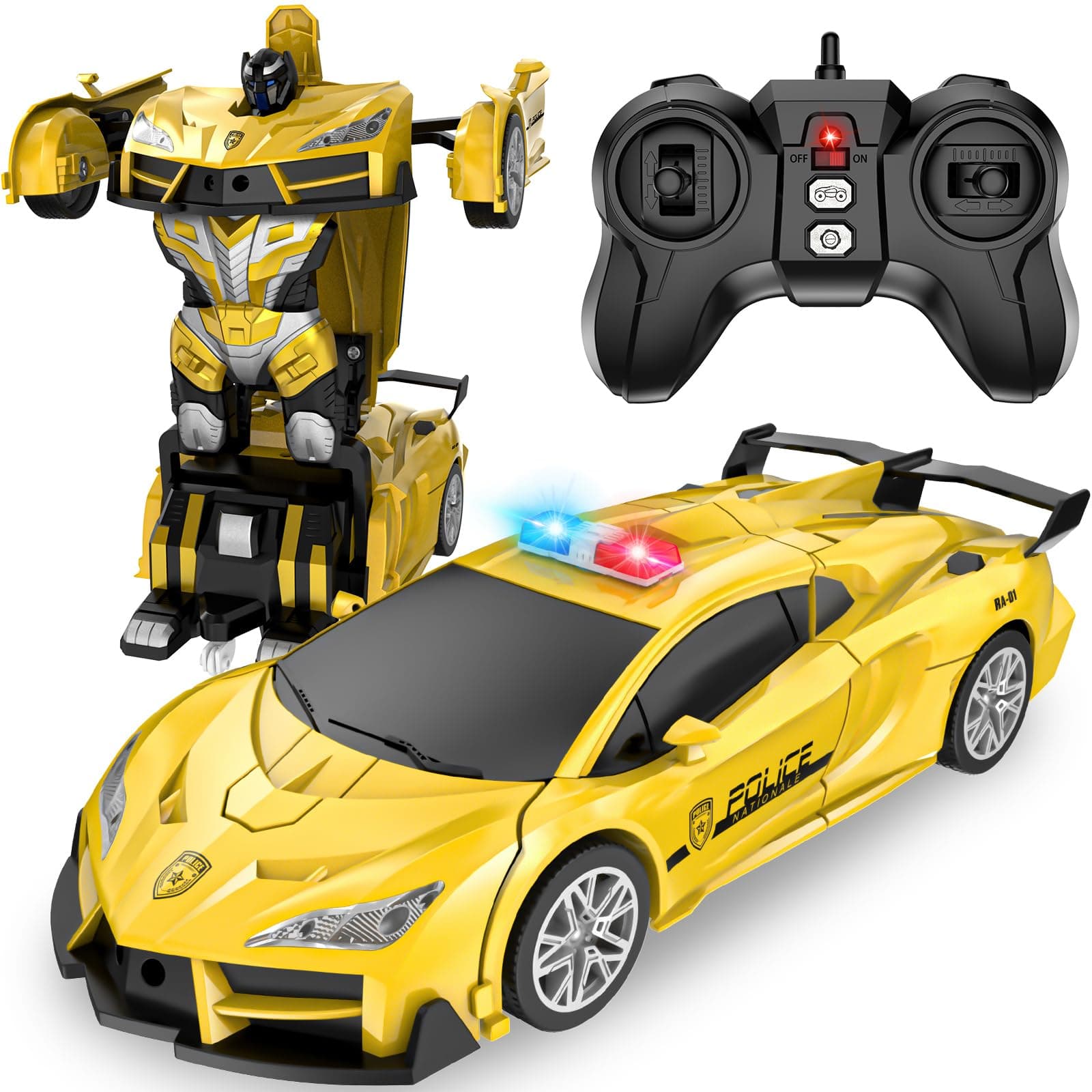 LNNKINE Remote Control Car, Transform Robot RC Cars One-Button Deformation and 360 Degree Rotating Drifting, 1:18 Scale Transforming Police Car Birthday Gift Toys for Boys and Girls