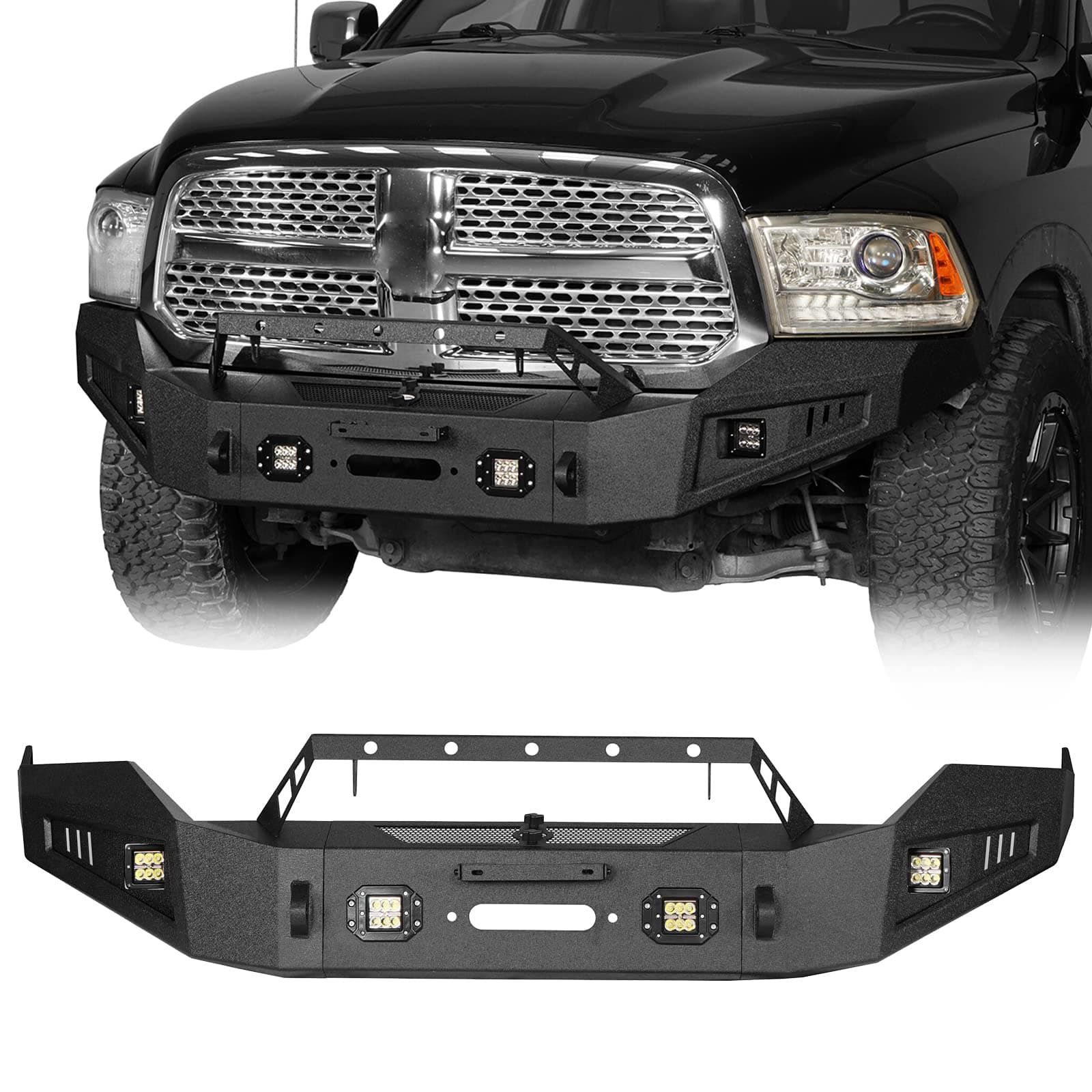 Hooke Road Ram 1500 Bumper Full Width Front Bumper with Winch Plate & 4×18W LED Lights for 2013-2018 Dodge Ram 1500 Pickup Truck (Exclude Rebel)