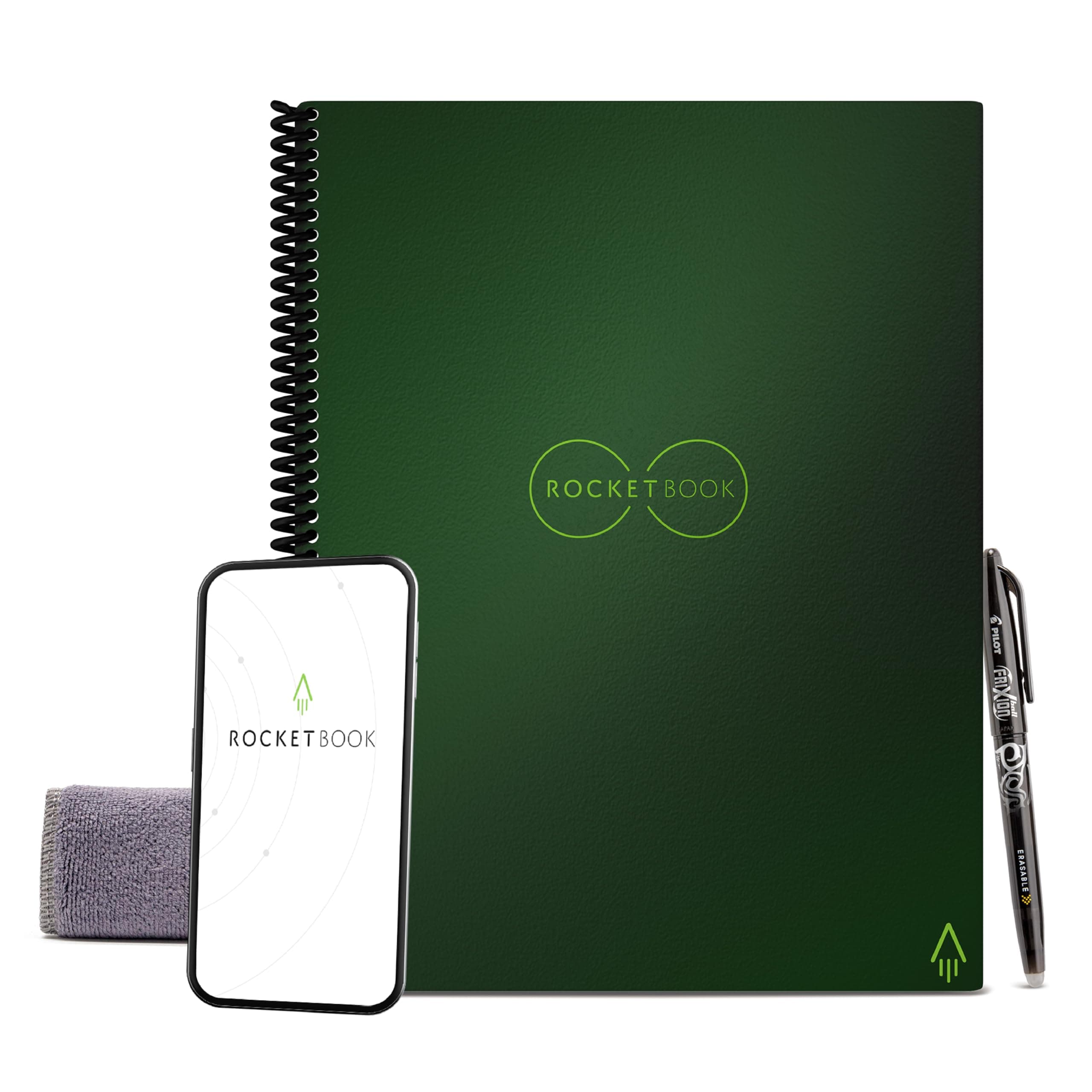Rocketbook Smart Reusable Notebook - Lined Eco-Friendly Notebook with 1 Pilot Frixion Pen & 1 Microfiber Cloth Included - Terrestrial Green Cover, Letter Size (21.6 cm x 27.9 cm), Model: