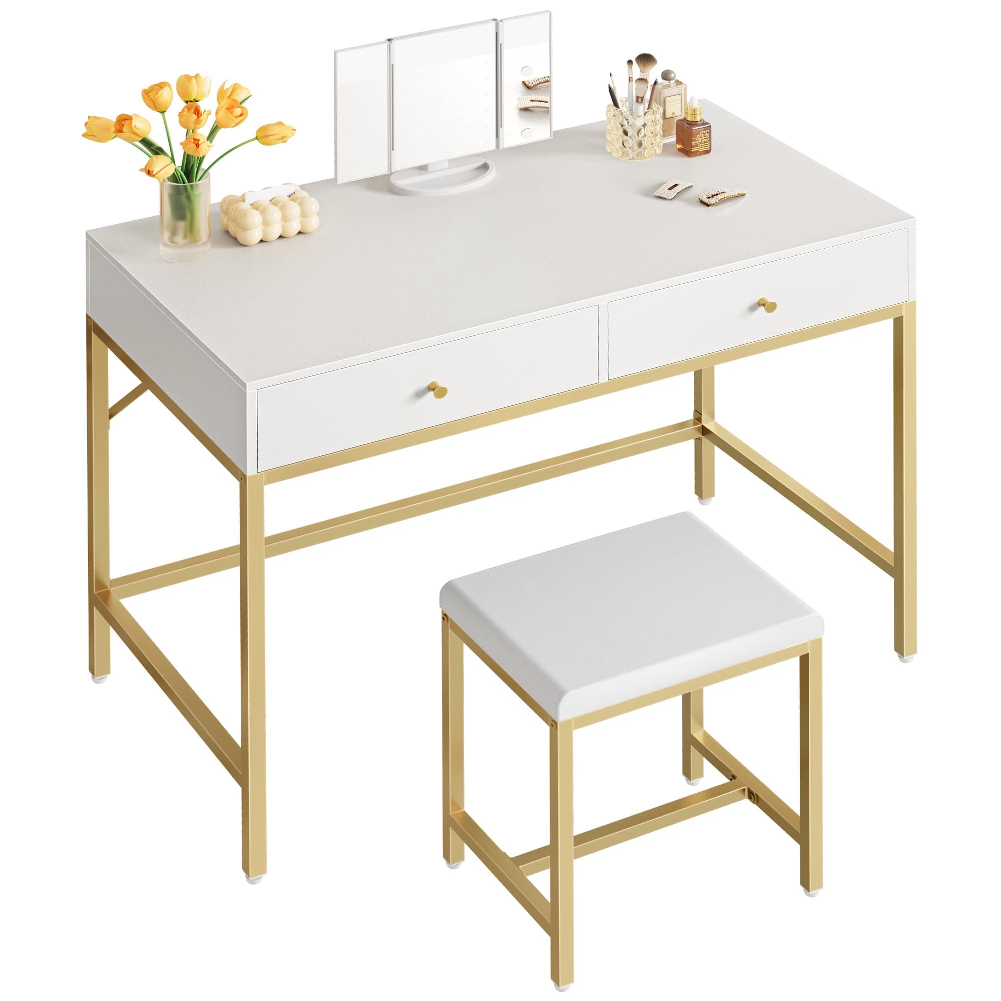 SUPERJARE Vanity Desk, Makeup Vanity with Lighted Mirror, White Desk with Drawers, 35.4 Inches Makeup Vanity Desk with Lights, for Bedroom, White and Gold