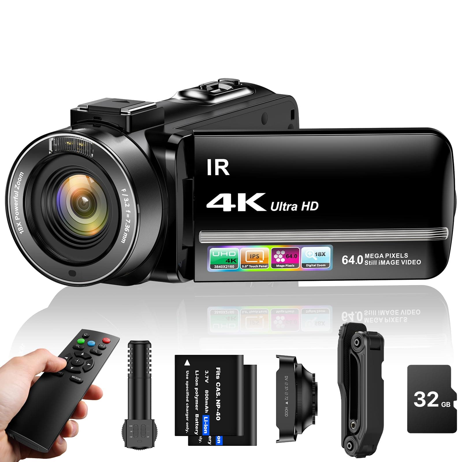 4K Video Camera Camcorder 64MP Vlogging Camera for YouTube 18X Digital Zoom 3.0''Touch Screen IR Night Vision with External Stereo Microphone,Handheld Stabilizer,Remote,Lens Hood,32G Card &2 Batteries