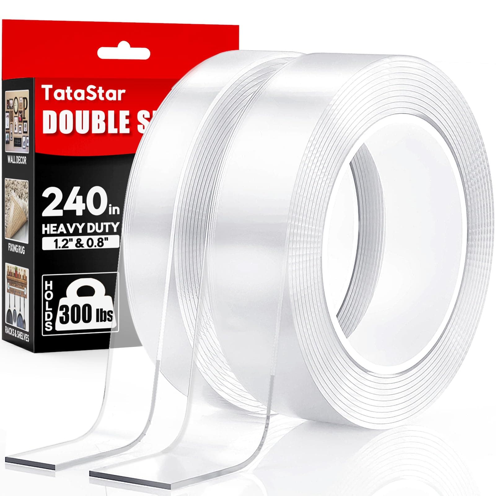 Double Sided Tape Heavy Duty (2 Rolls, 20 Feet) - Removable Waterproof Nano Mounting Filament Tape, 1.2" & 0.8" Width for Picture Hanging, Wall Decor, Posters, Carpets, Rugs - Indoor & Outdoor Use.