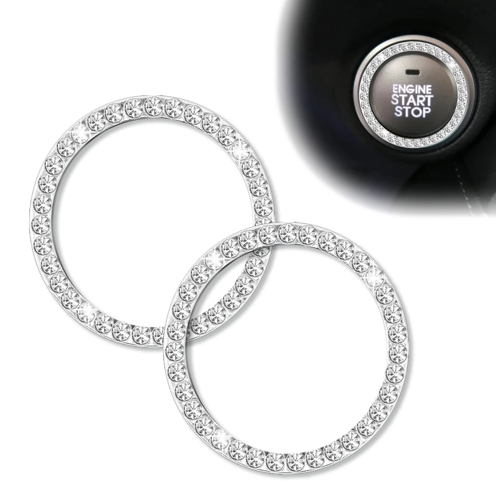 2Pcs Engine Start Button Sticker Push Start Button Bling Ignition Ring Sticker Womens Car Decals, Car Interior Accessories Interior Diamond Rhinestone Key Ignition Starter & Knob Ring (White)