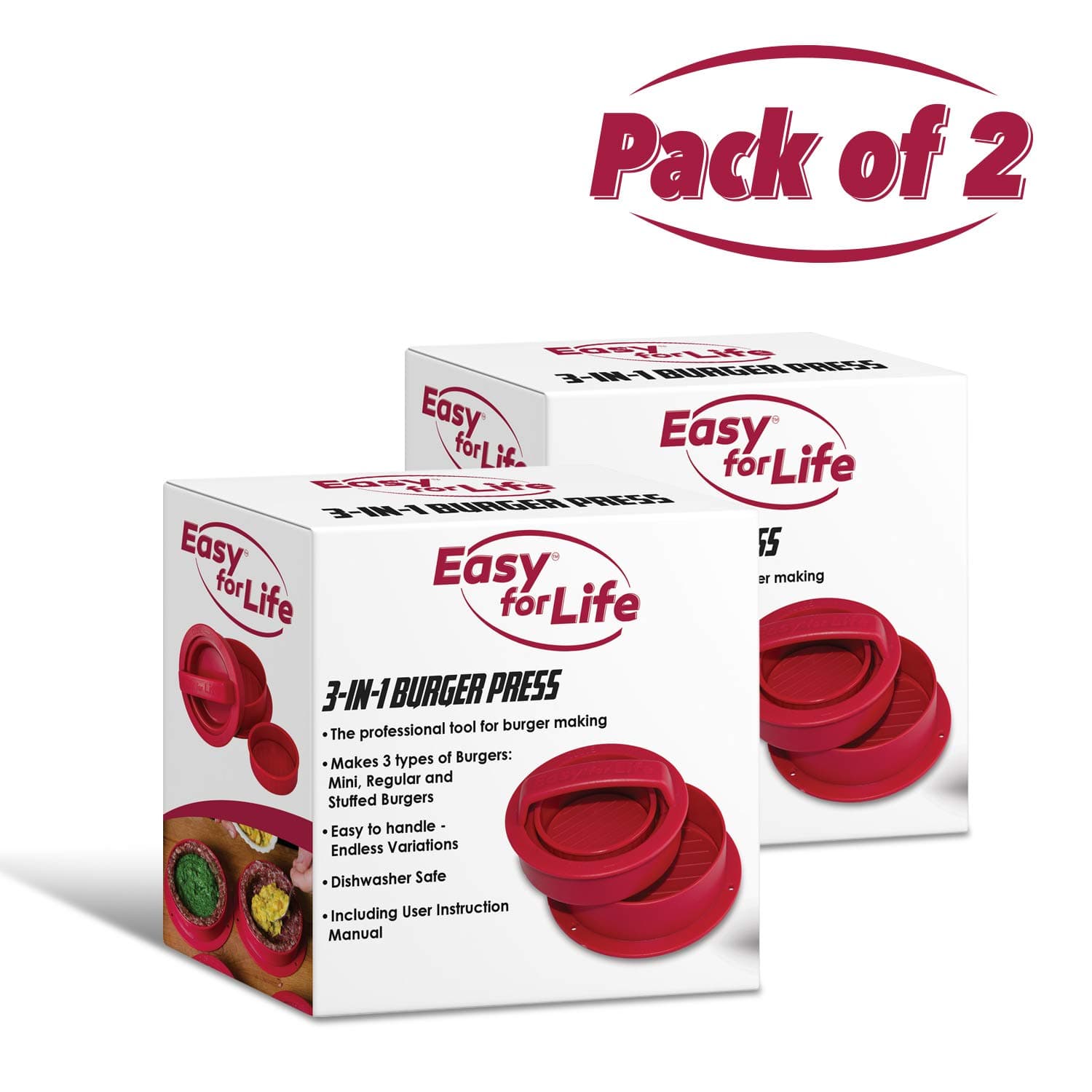 Easy for Life - Stuffed Burger Press Kit 3 in 1 (Pack of 2) - Red Color, Non Stick Hamburger Maker, Homemade Patties & Sliders, Patty Molds, Veggie Hamburger Press Shaper, Best Burger Press Set