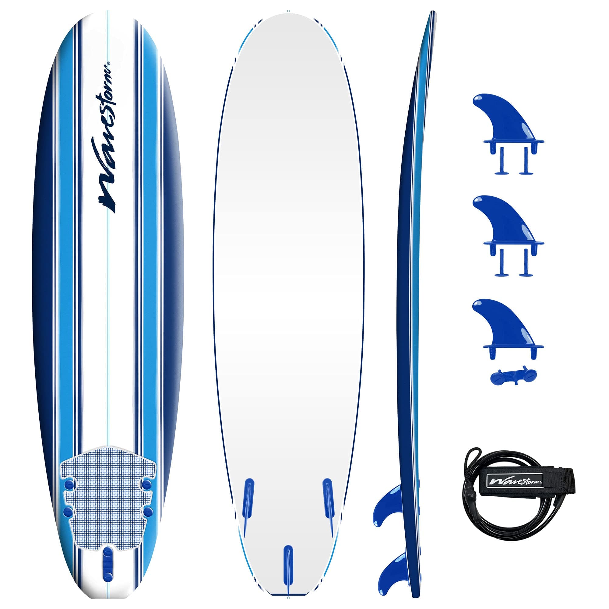 Wavestorm - Classic Soft Top Foam 7ft Surfboard Surfboard for Beginners and All Surfing Levels Complete Set Includes Leash and Multiple Fins Heat Laminated, Blue Pinline (AZ22-WSSF700-PIN)