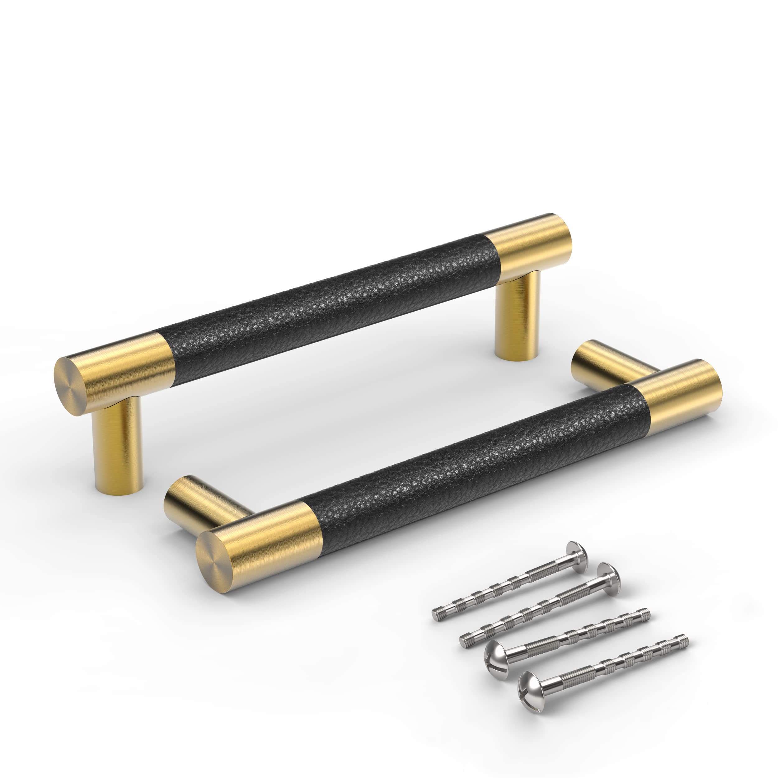 Bar Cabinet Handle Knob Pull Brushed Satin Gold/Brass Finish with Upholstered Black Leather 4.6" (3.78" Hole Center) for Kitchen Cabinet Hardware/Dresser Drawer Handles, 10 Pack