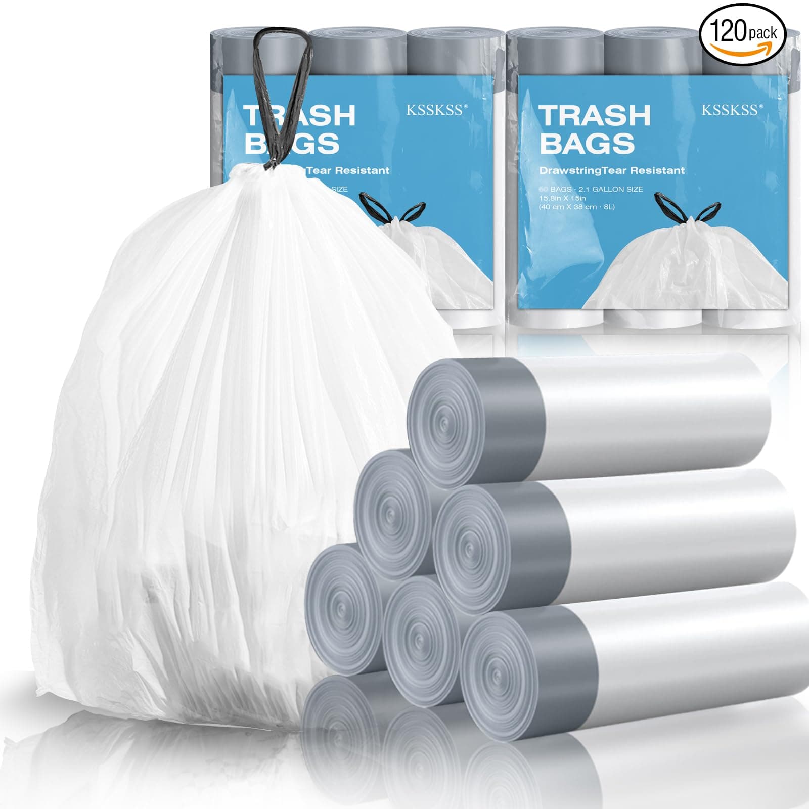 KSSKSS 120-Count Mini Drawstring Trash Bags, 1.6 Gallon, 15.7 x 15.7 Inch, White, HDPE Material, for Home, Office, Kitchen, Bathroom, 6 Rolls (1.6 Gallon Trash Bags (Pack of 120))