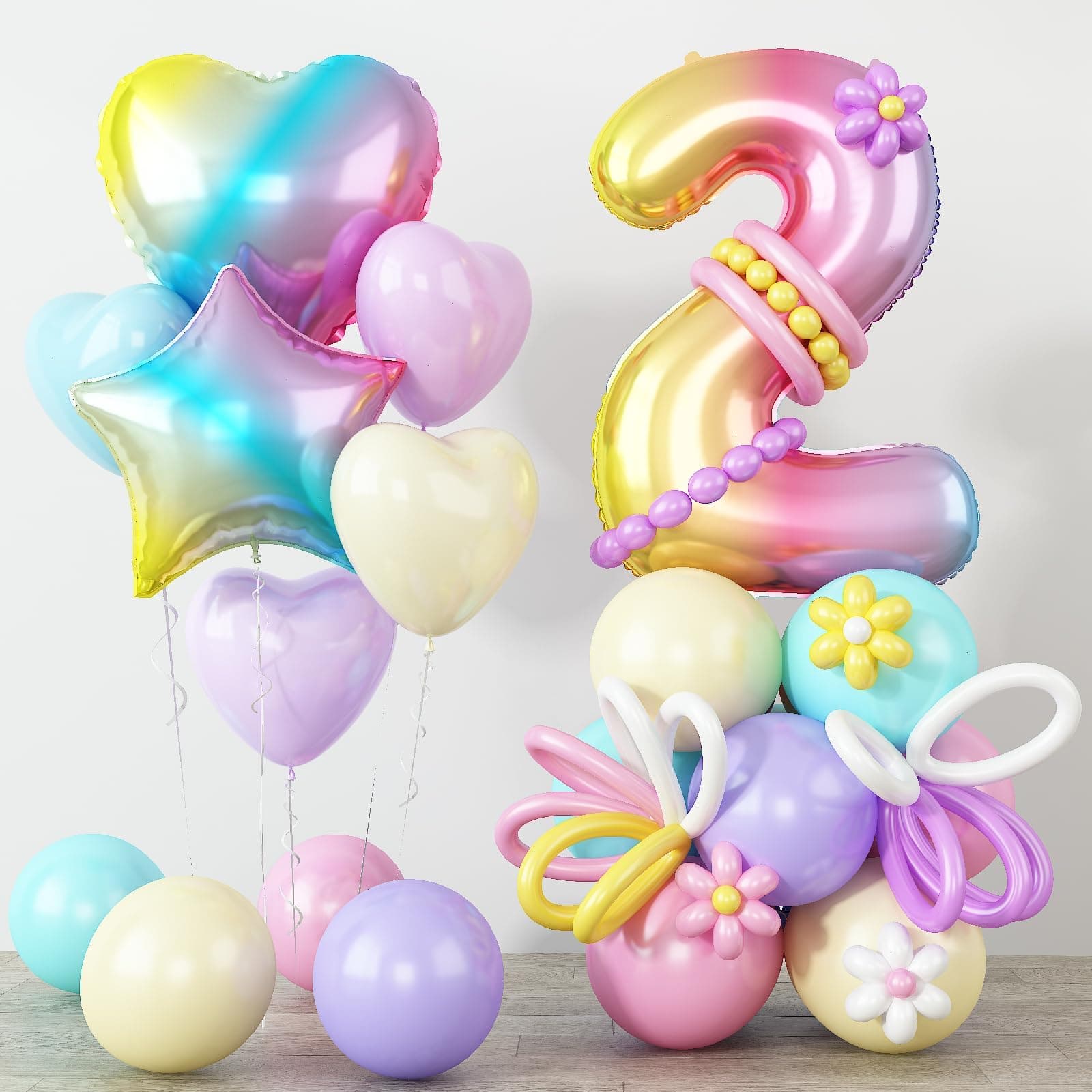 Number 2 Balloons Set, 40 Inch Rainbow Gradient 2 balloon with Heart and Star Foil Balloons Pastel Balloons DIY 2 Balloon Stand for Girls 2nd Birthday Unicorn Party Baby Shower Decorations