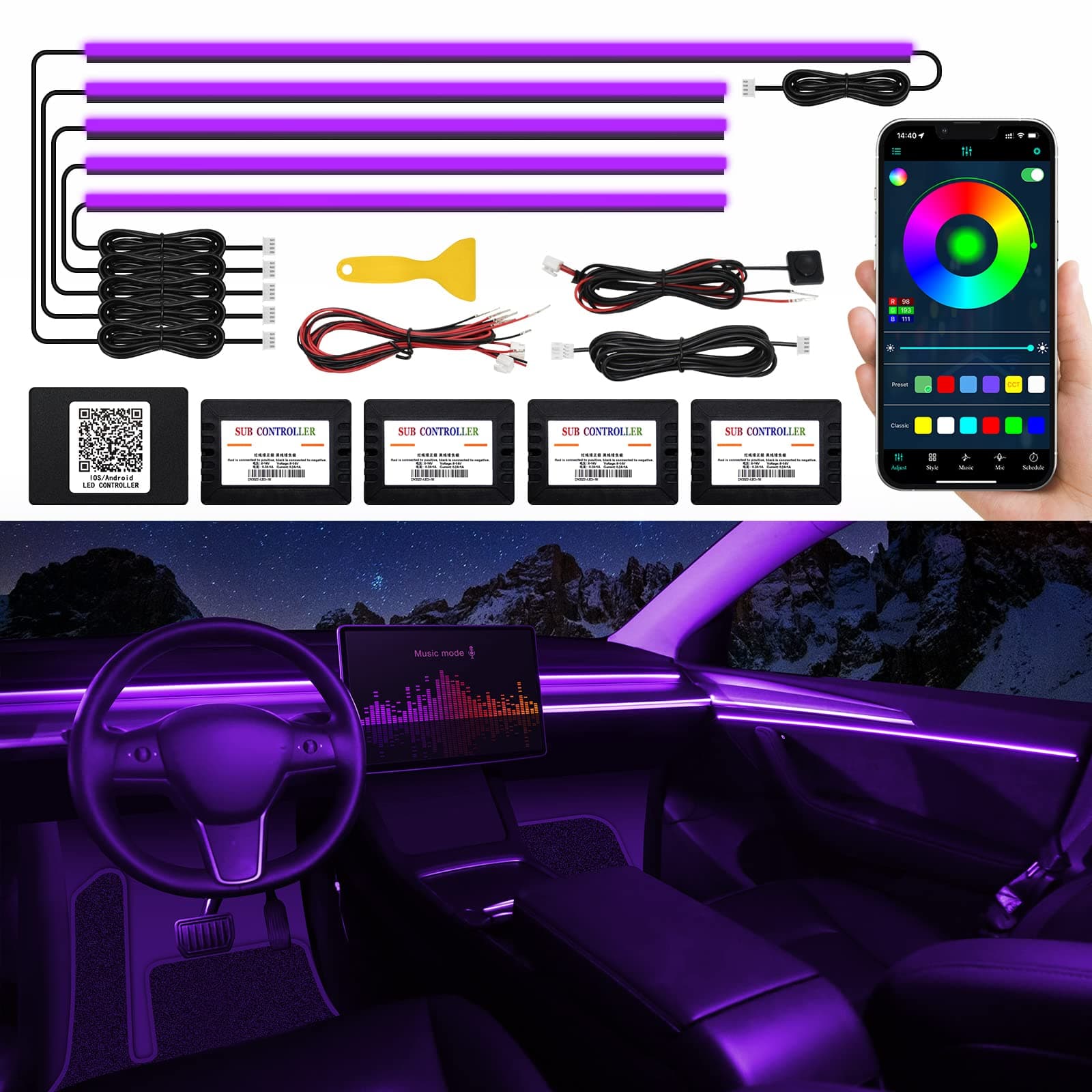– Acrylic Interior Car LED Strip Light with Wireless APP, RGB 6 in 1 with 175 inches 593 LEDs Fiber Optic Ambient Lighting Kits, 16 Million Colors Sound Active Function Car Neon Lights