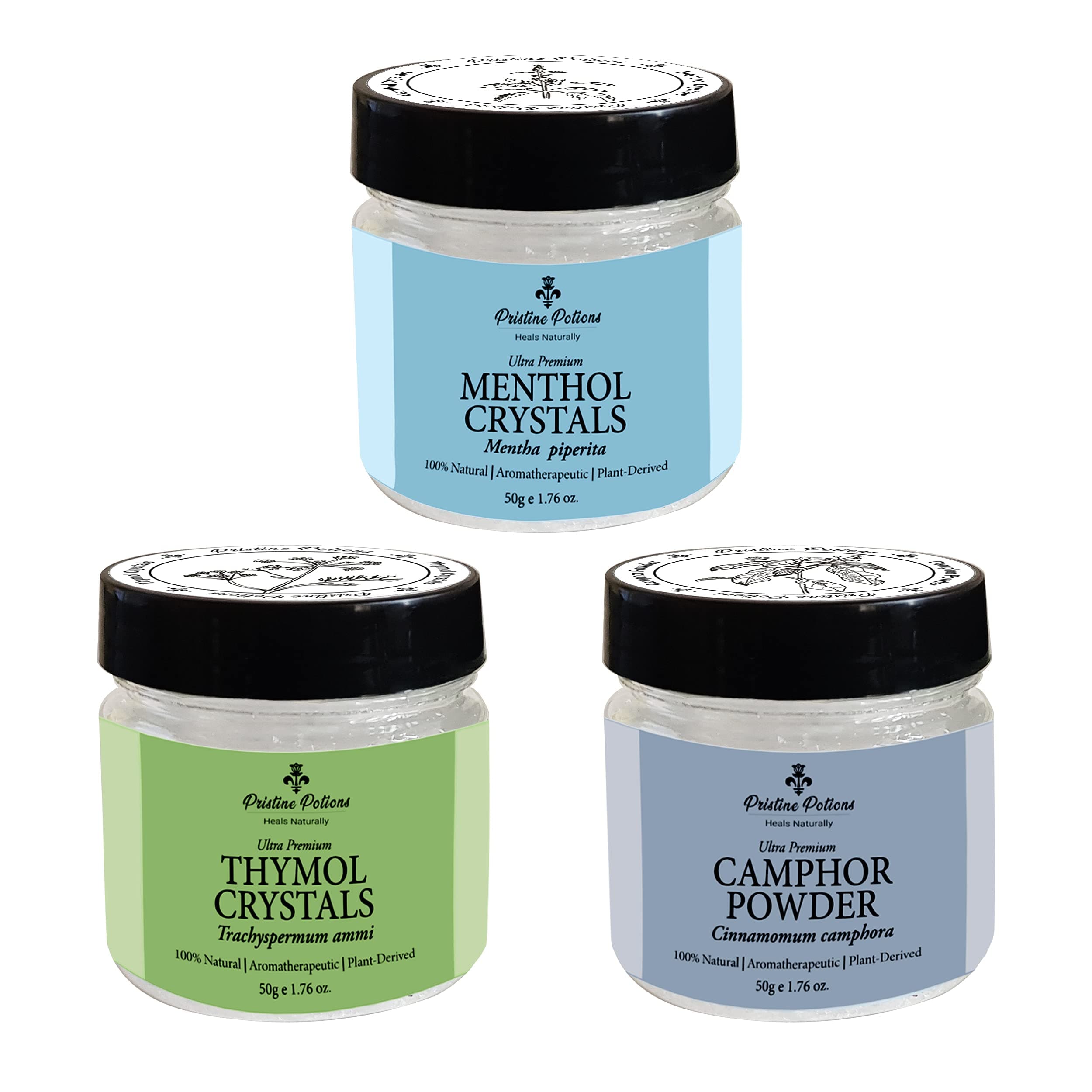 Premium Grade Thymol, Menthol,Camphor Combo Pack (Ajwain ka phool, Peppermint, Kapoor) I 100% Pure & Natural I Aromatherapeutic I Plant-Derived I Total 150 grams (50 grams x 3)