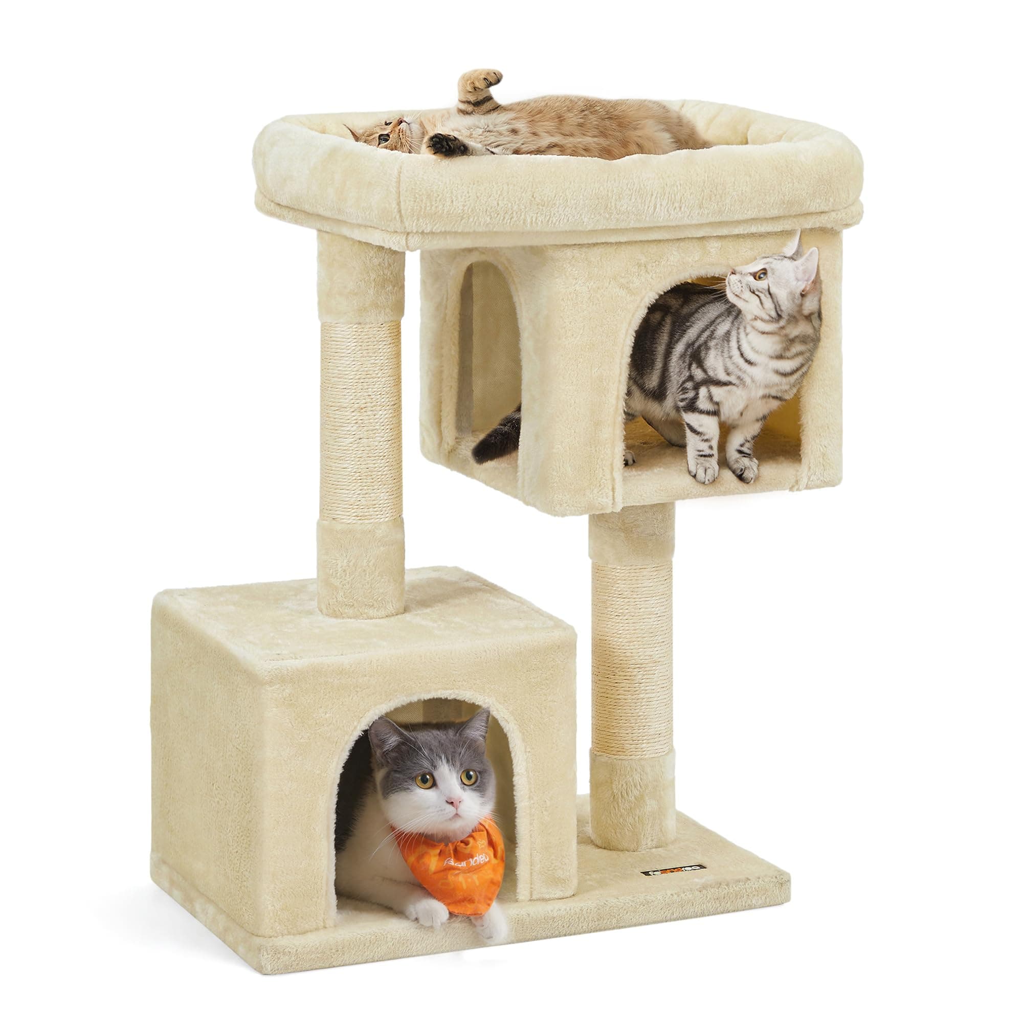 Feandrea Cat Tree, 33.1-Inch Cat Tower, Plush Condo for Large Cats up to 16 lb, Large Perch, 2 Caves, Scratching Post, Beige UPCT61M