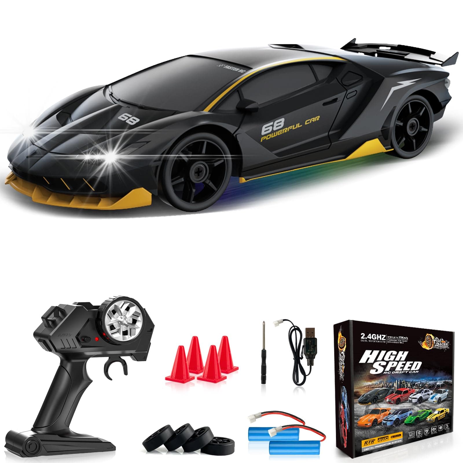 Remote Control Car RC Drift Car 2.4GHz 1:24 4WD 15KM/H High Speed Racing Sport Car with LED Lights Drifting Tire Racing Sport Toy for Adults Boys Girls Kids Gift 2Pcs Rechargeable Batteries