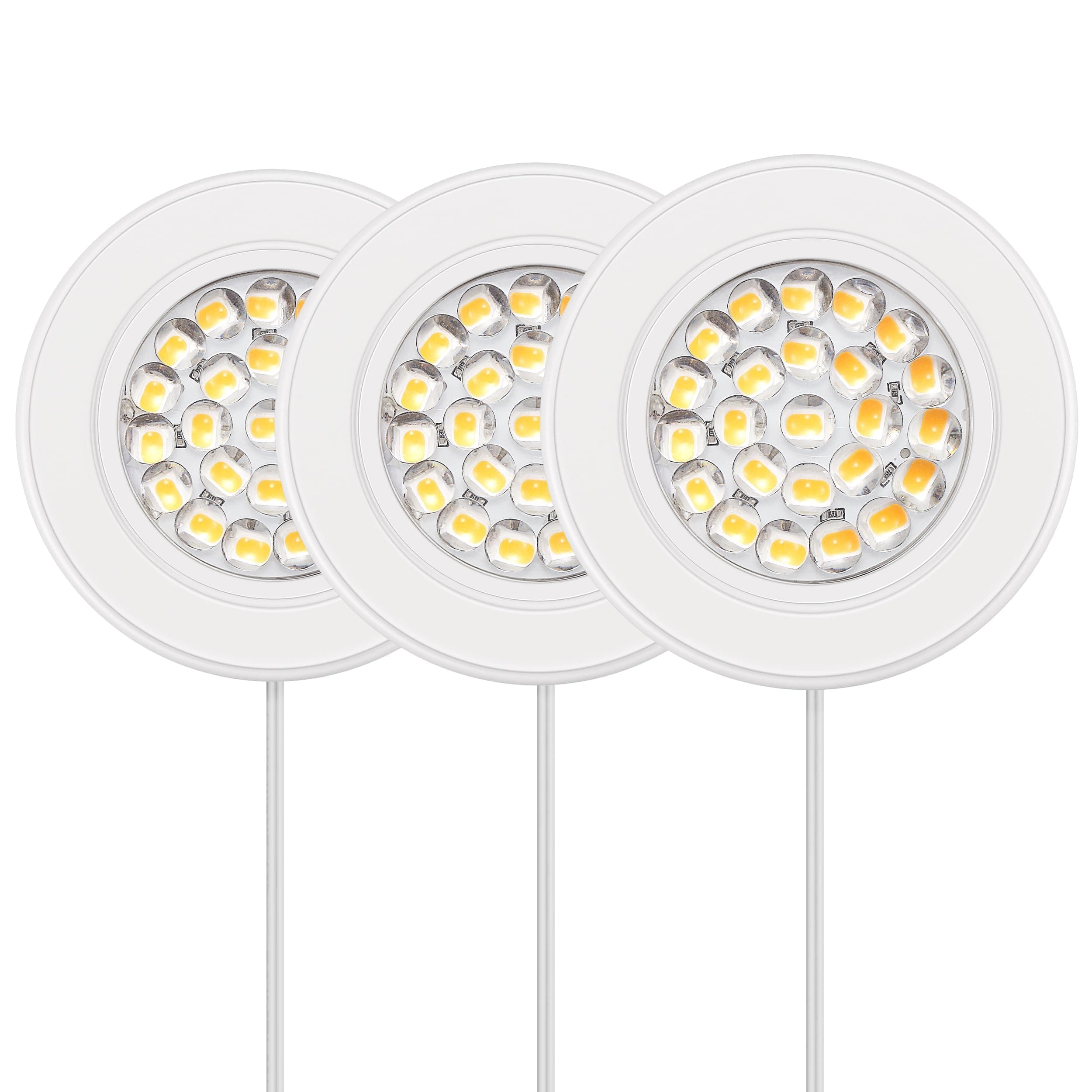 2.5" Wide 3000K Dimmable LED Puck Lights Kit, Plug-in Installation with Recessed or Surface Mounted, White Finish Over Metal Construction, Set of 3, IN-0113-3-WH