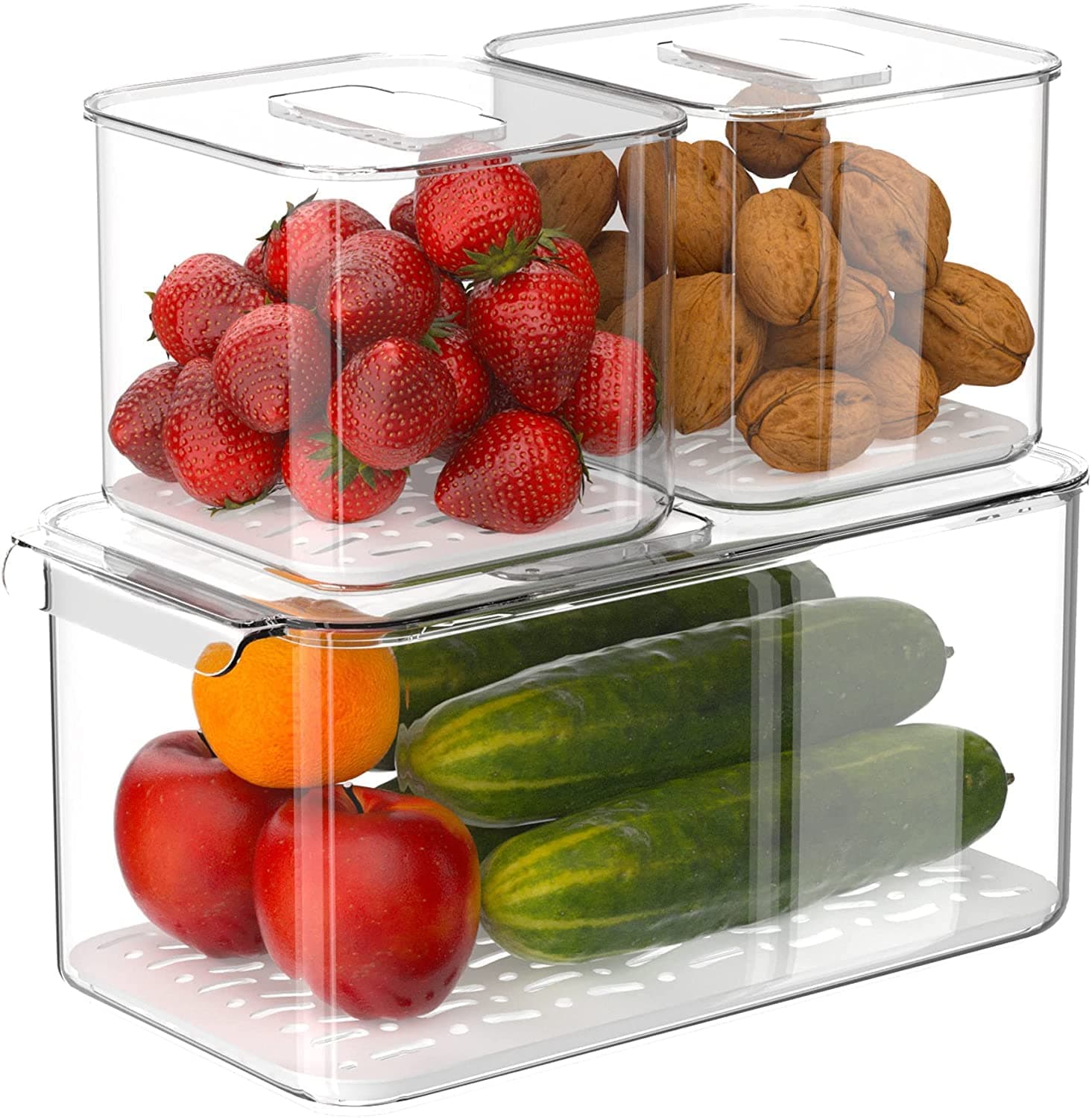 Slideep Food Storage Containers Produce Saver with Lids, Stackable Refrigerator Freezer Organizer Bins with Removable Drain Tray, Fridge Fresh Keeper for Veggie, Berry, Fruits, Vegetables 3 Pack