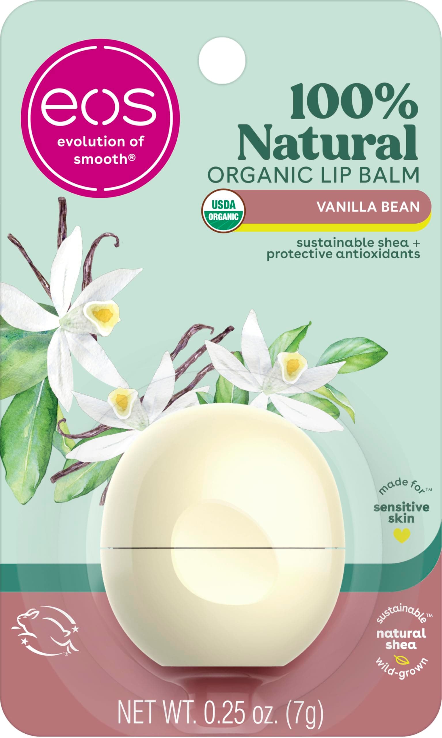 eos 100% Natural & Organic Lip Balm Sphere - Vanilla Bean, All-Day Moisture, Dermatologist Recommended for Sensitive Skin Care, Lip Care Products, 0.25 oz