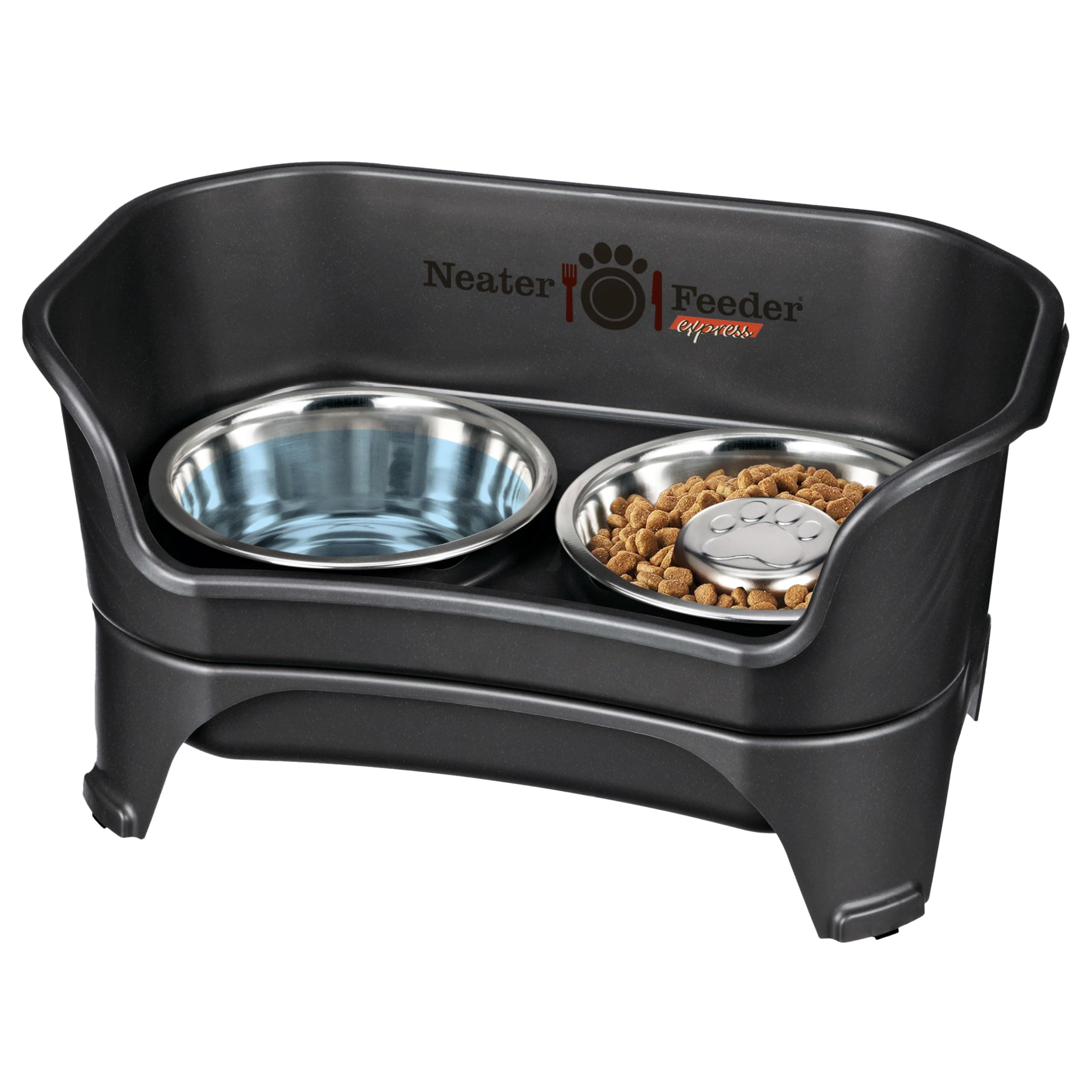 Neater Feeder - Express Model w/ Slow Feed Bowl - Mess-Proof Dog Bowls (M/L, Black) Made in USA – Elevated, No Spill, Non-Tip, Non-Slip, Raised Stainless Steel Food/Water Pet Bowls Aid Digestion