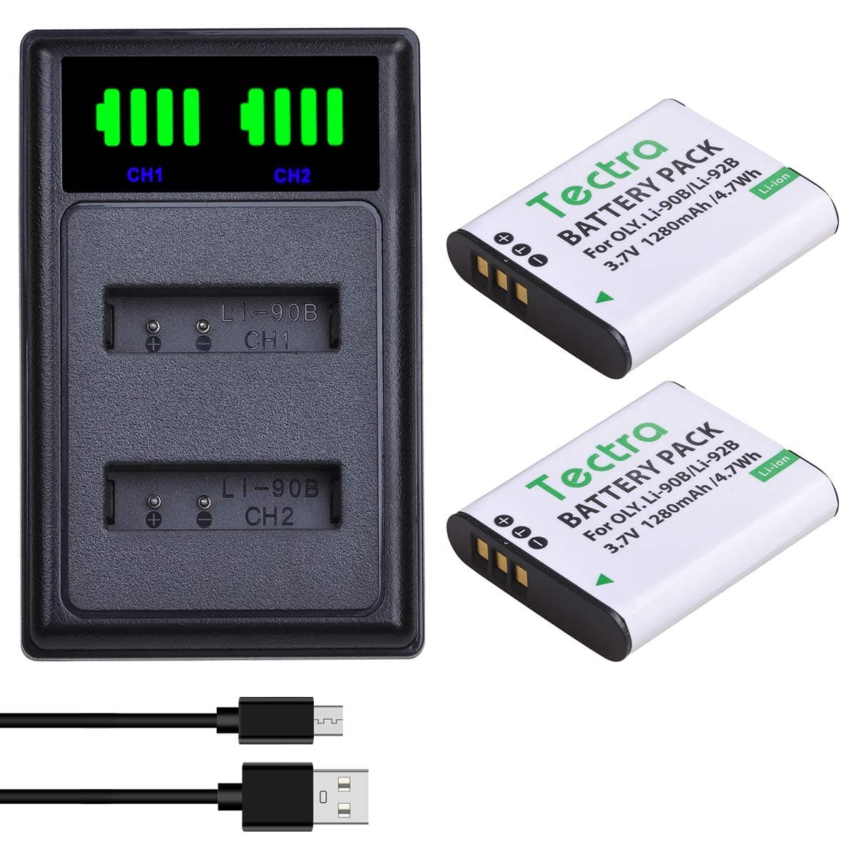 2-Pack LI-90B LI-92B Battery and LED Dual Charger for Olympus Tough TG-7, TG-6, TG-1 iHS, TG-2 iHS, TG-3, TG-4, TG-5, TG-Tracker, SH50 iHS, SH60, XZ-2 iHS Cameras